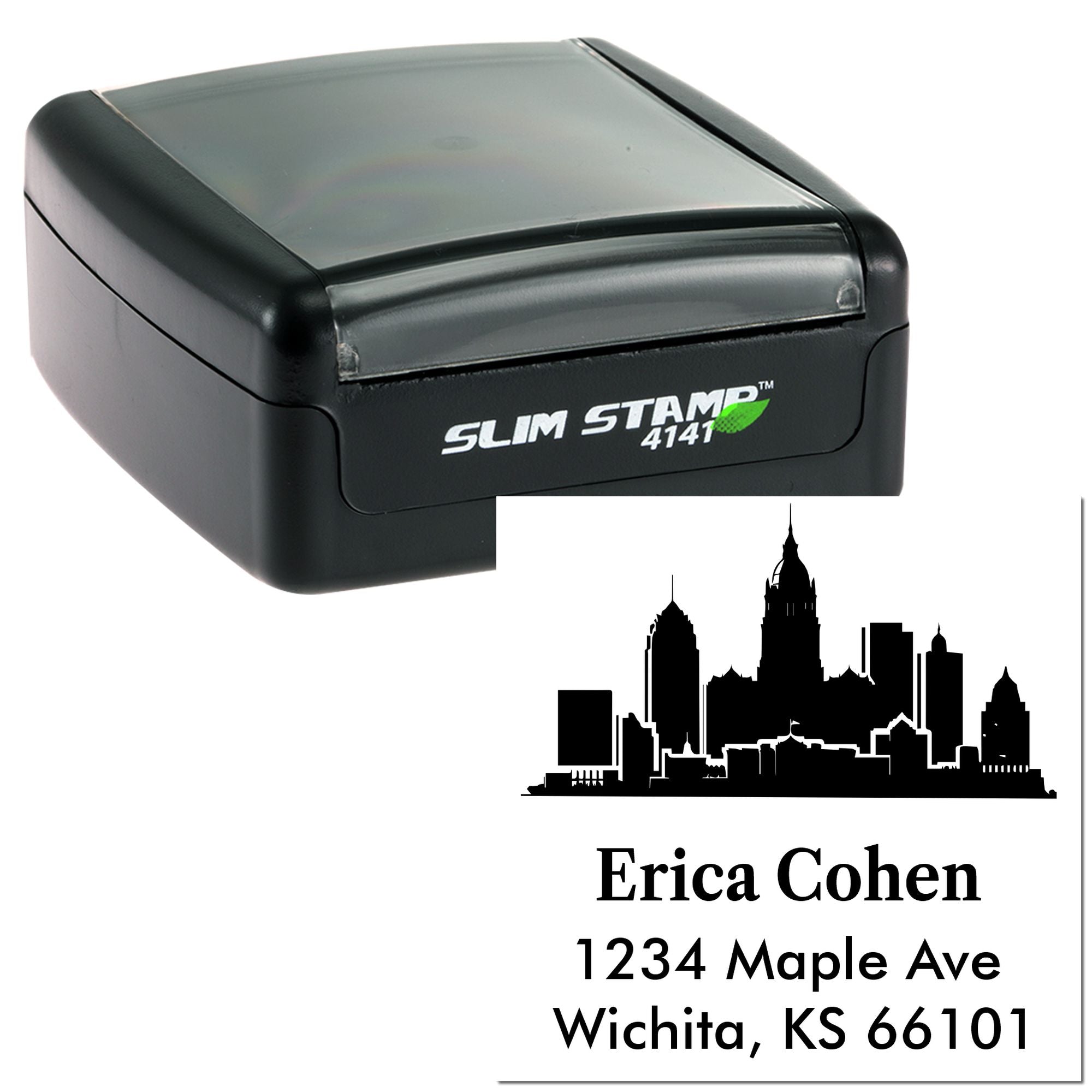 Custom self-inking rubber address stamp with Wichita skyline, Erica Cohen name, and return address.
