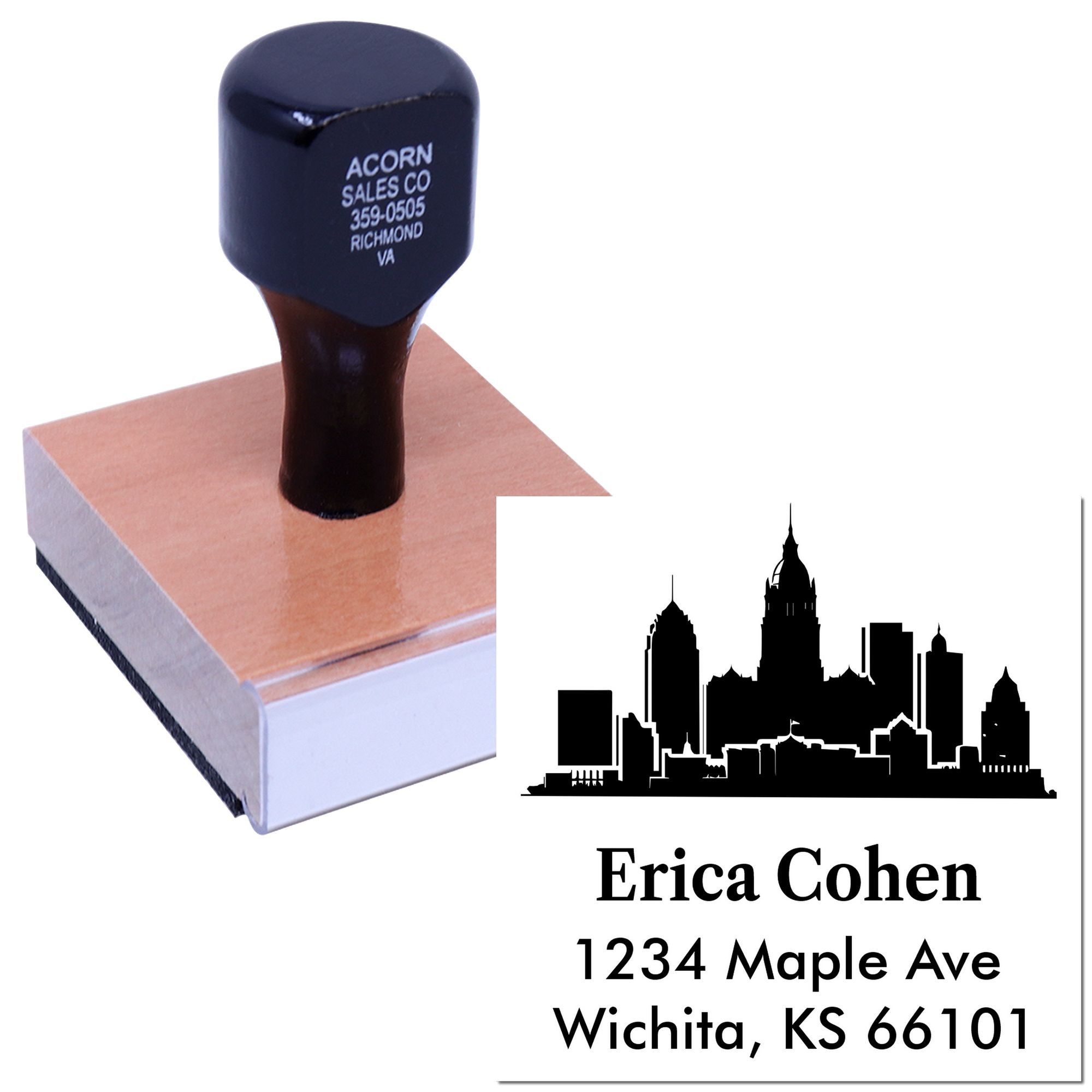 Custom rubber address stamp with city skyline design for Erica Cohen, Wichita, KS, ideal for personalized mail and business stamping.