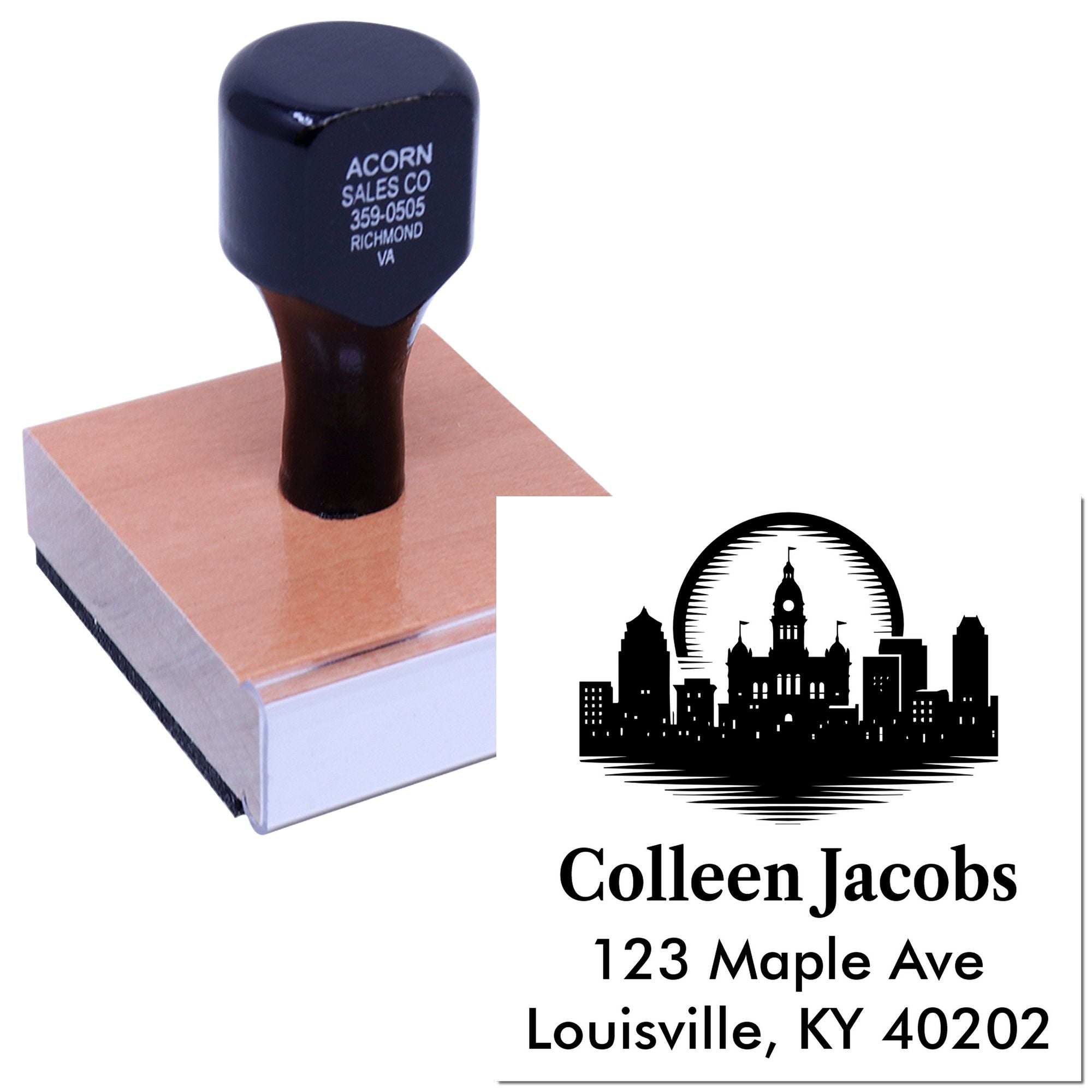 Custom self-inking rubber stamp with logo, name, and address for business mailing and branding.