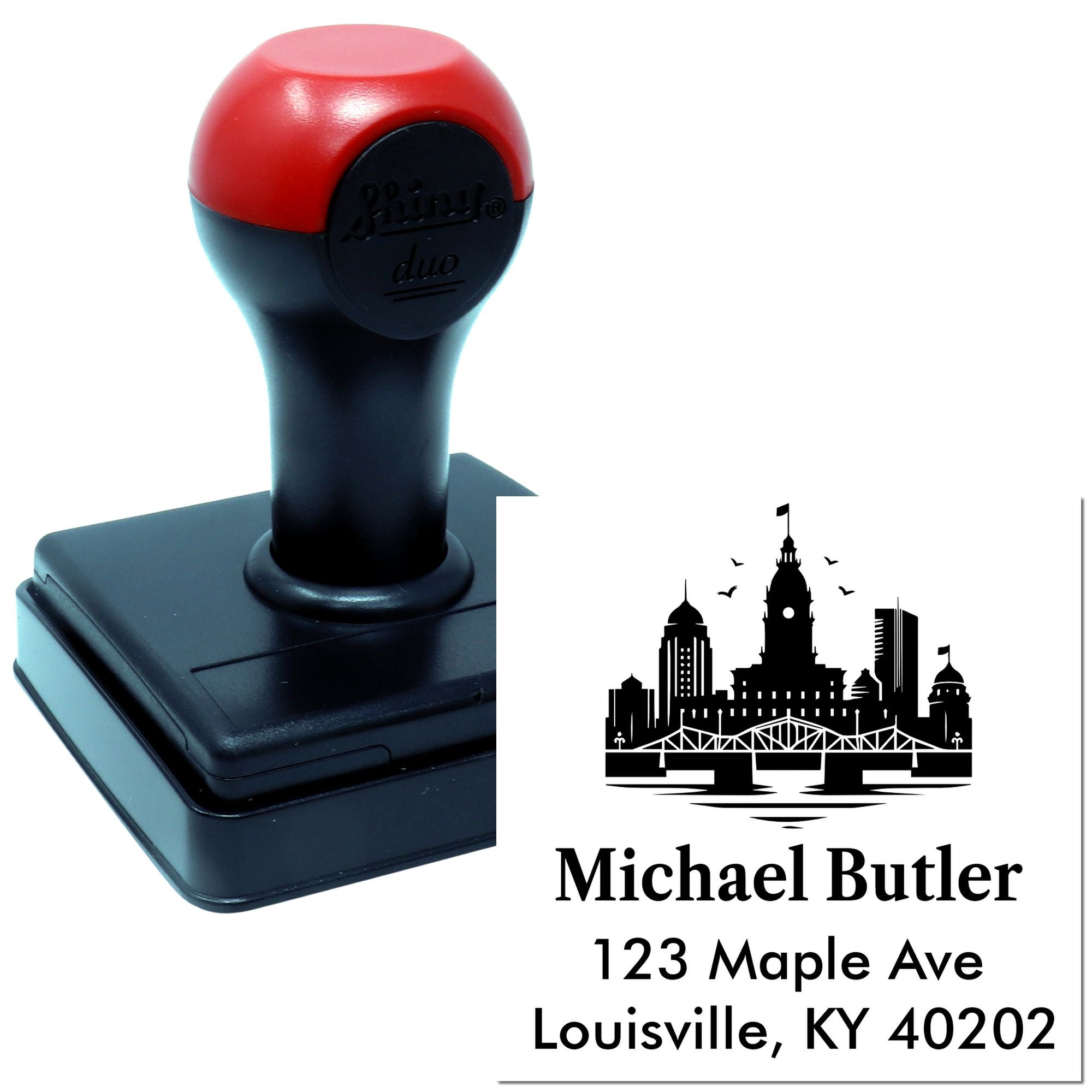 Custom self-inking address stamp with Louisville skyline design, personalized for Michael Butler, 123 Maple Ave, Louisville, KY 40202.