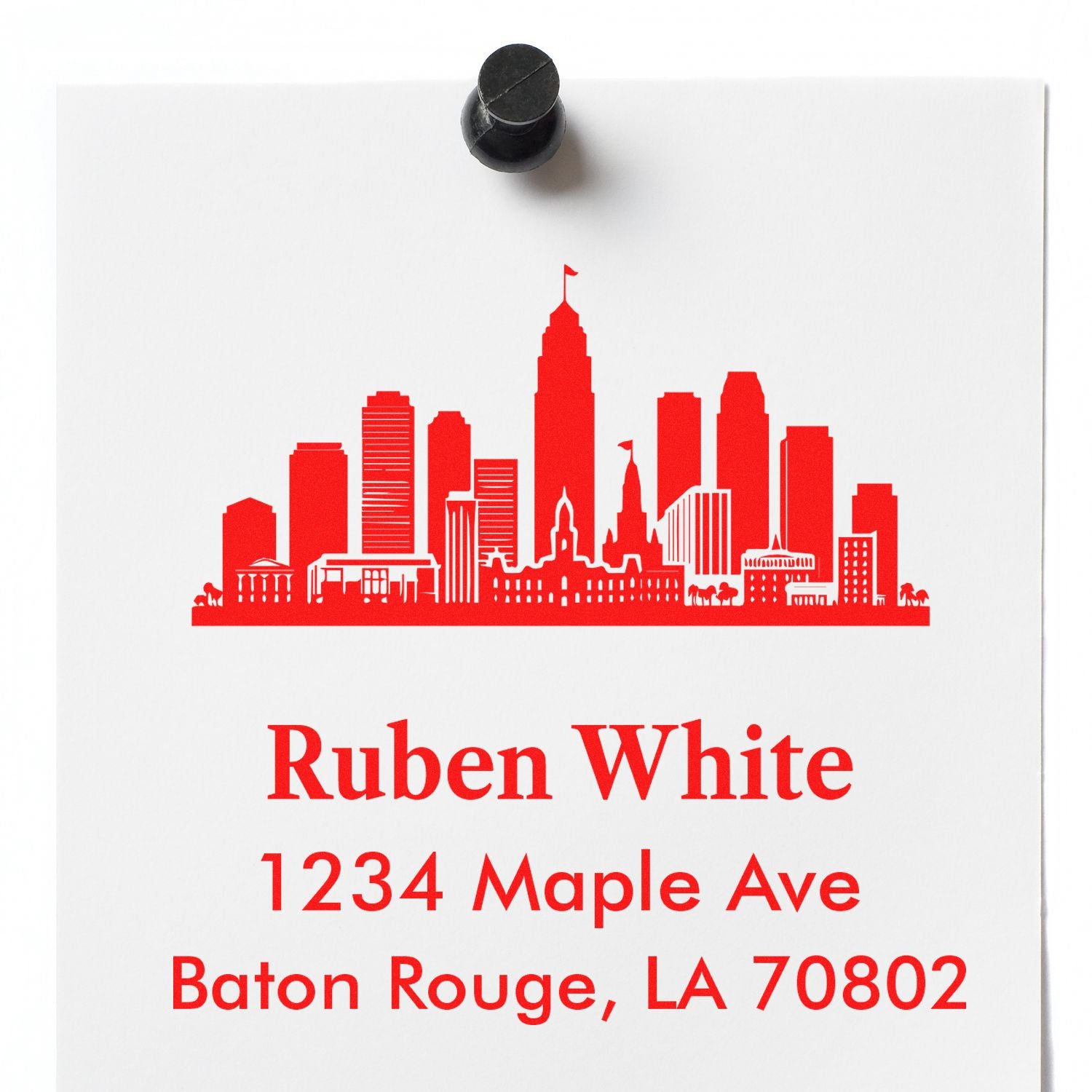 Custom Baton Rouge return address rubber stamp with skyline design, personalized name, street address, and ZIP code.