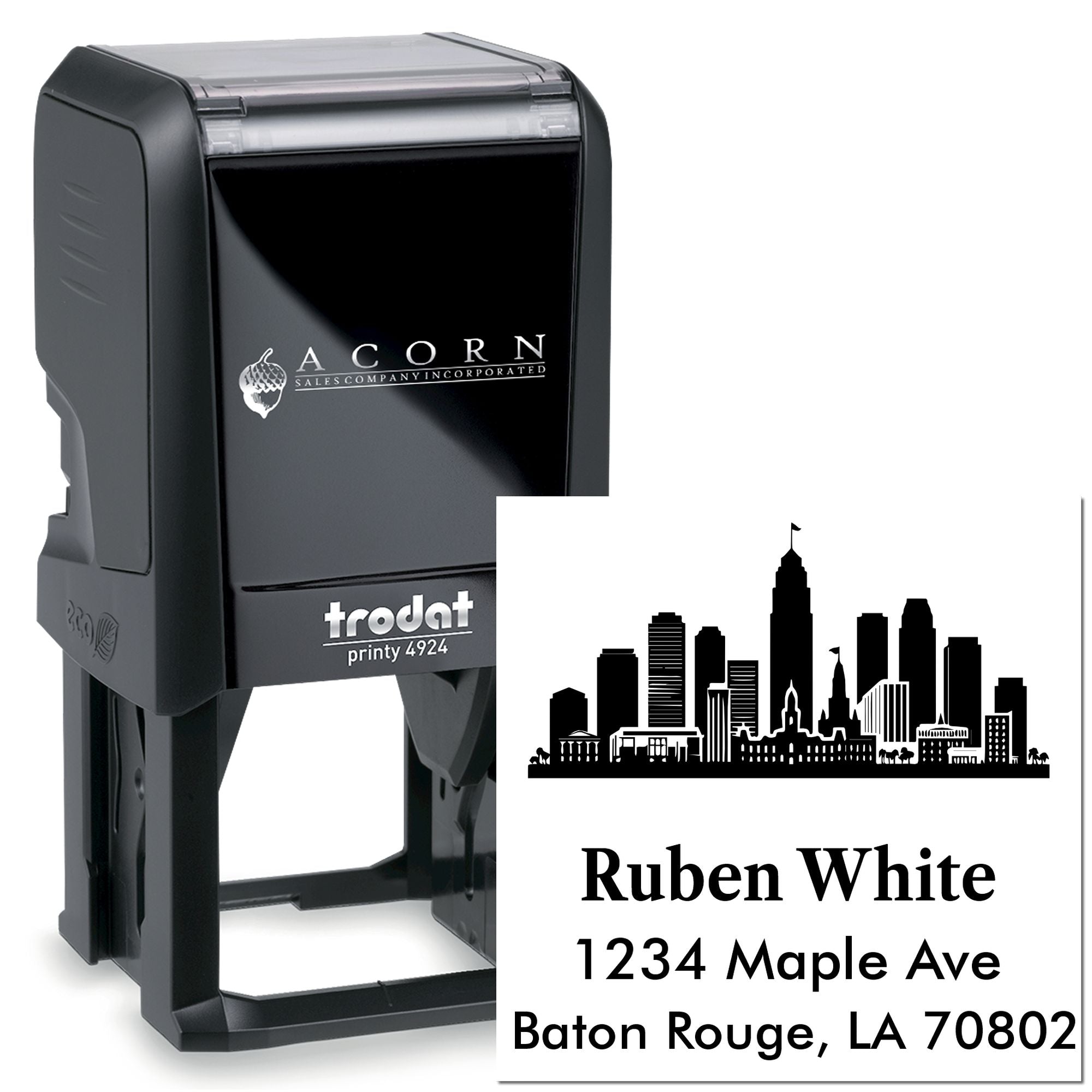 Custom self-inking rubber stamp with Baton Rouge skyline and address, ideal for personalized mailing.