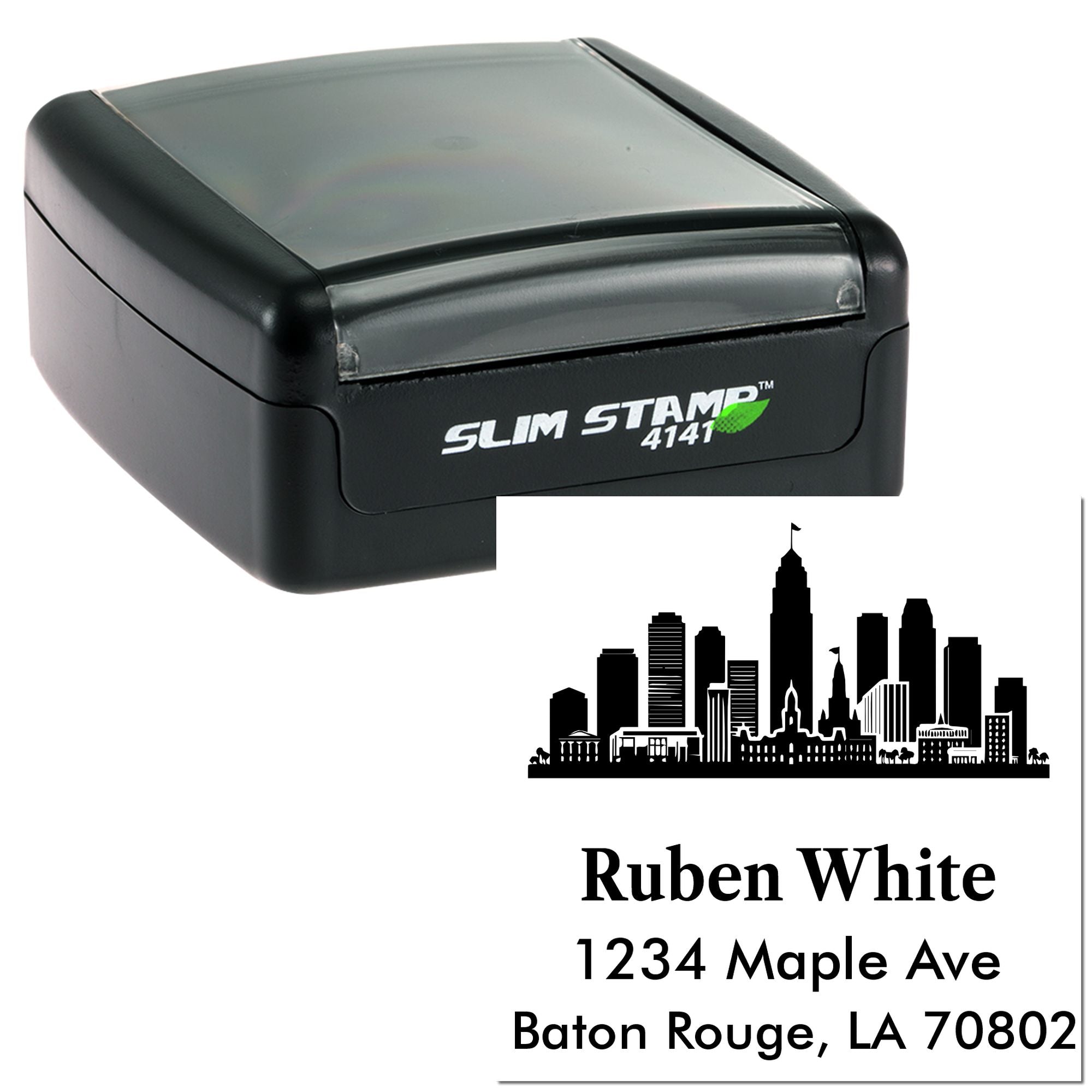 Custom self-inking rubber address stamp with Slim Stamp 4141 case and personalized name and Baton Rouge, LA imprint.