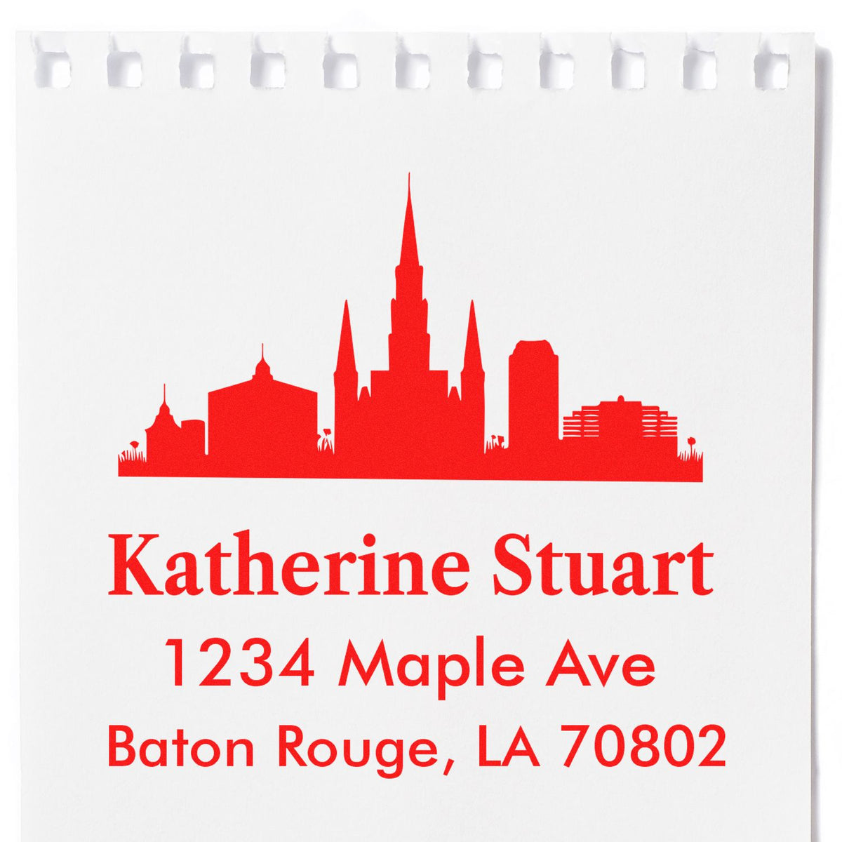 Custom return address rubber stamp with Baton Rouge skyline, featuring Katherine Stuart and 1234 Maple Ave, Baton Rouge, LA 70802.