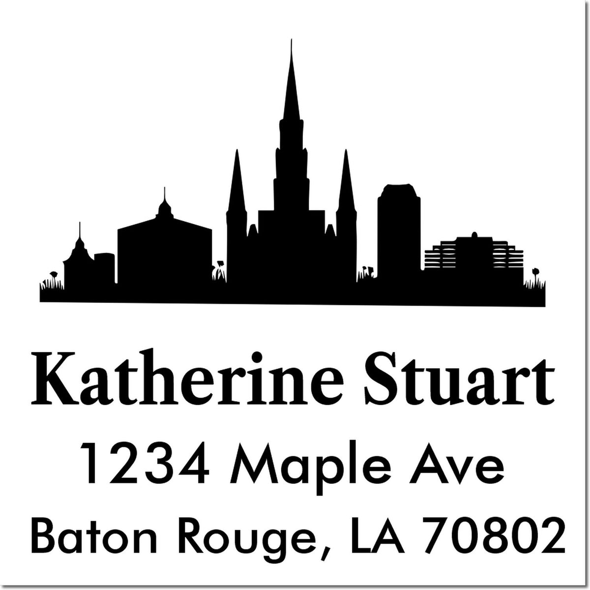 Custom Baton Rouge skyline return address rubber stamp for Katherine Stuart, 1234 Maple Ave, Baton Rouge, LA 70802.