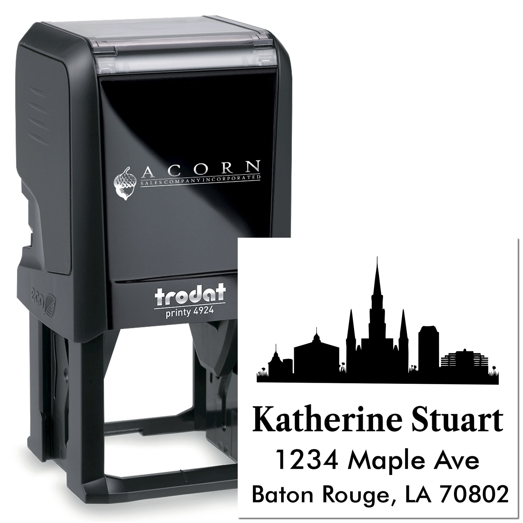 Custom self-inking rubber stamp with Trodat Printy 4924, featuring skyline logo and personalized return address.
