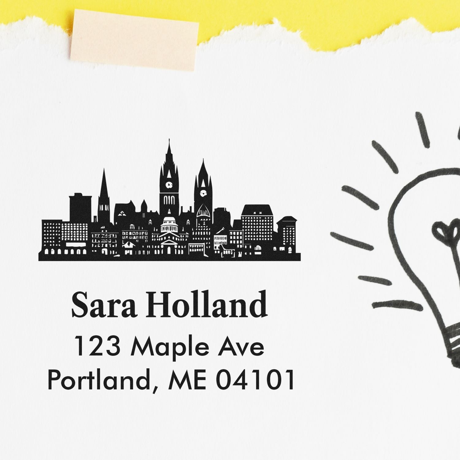 Custom address rubber stamp featuring Portland, ME skyline and return address for Sara Holland.