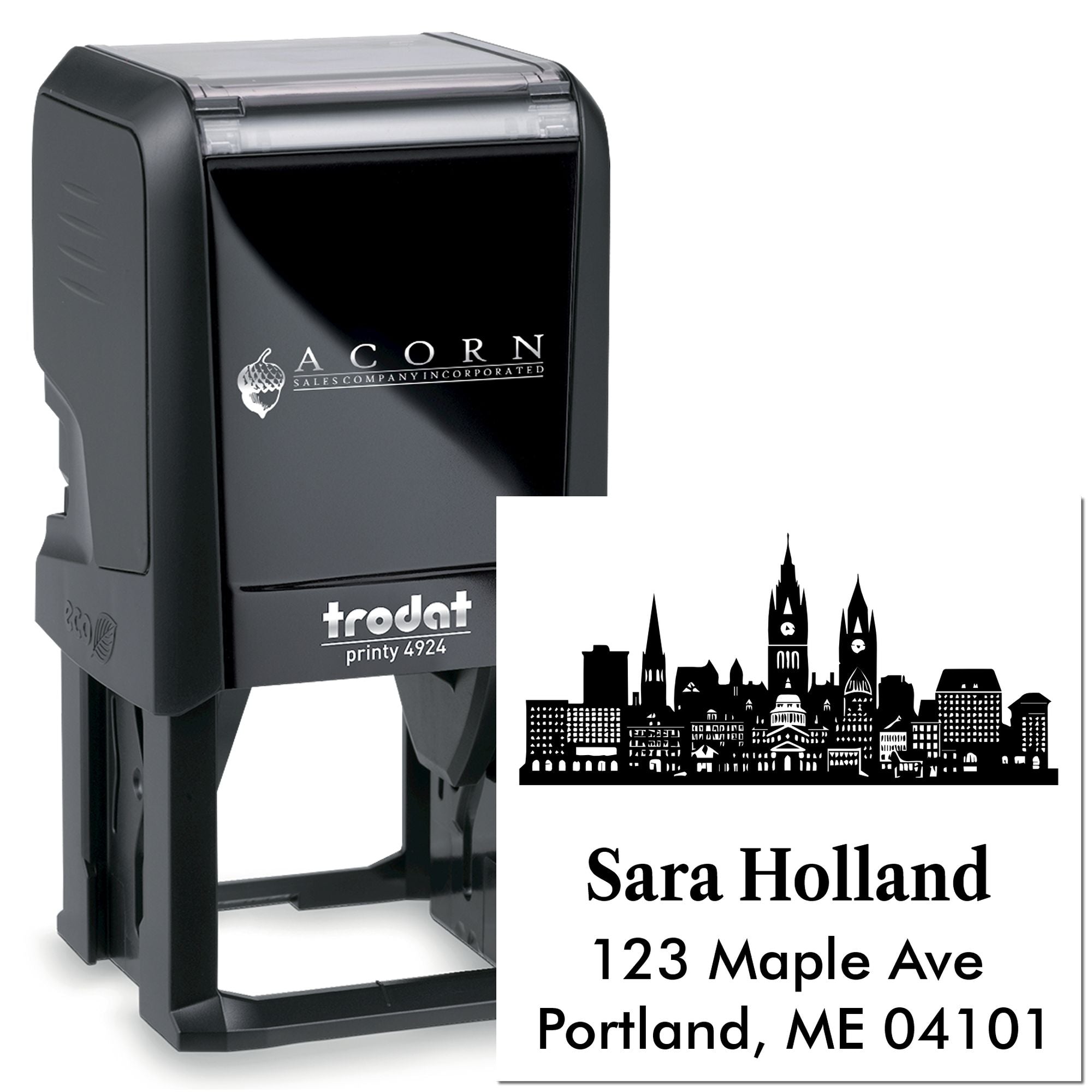 Trodat self-inking custom address rubber stamp with skyline design for business return addresses and mailings.
