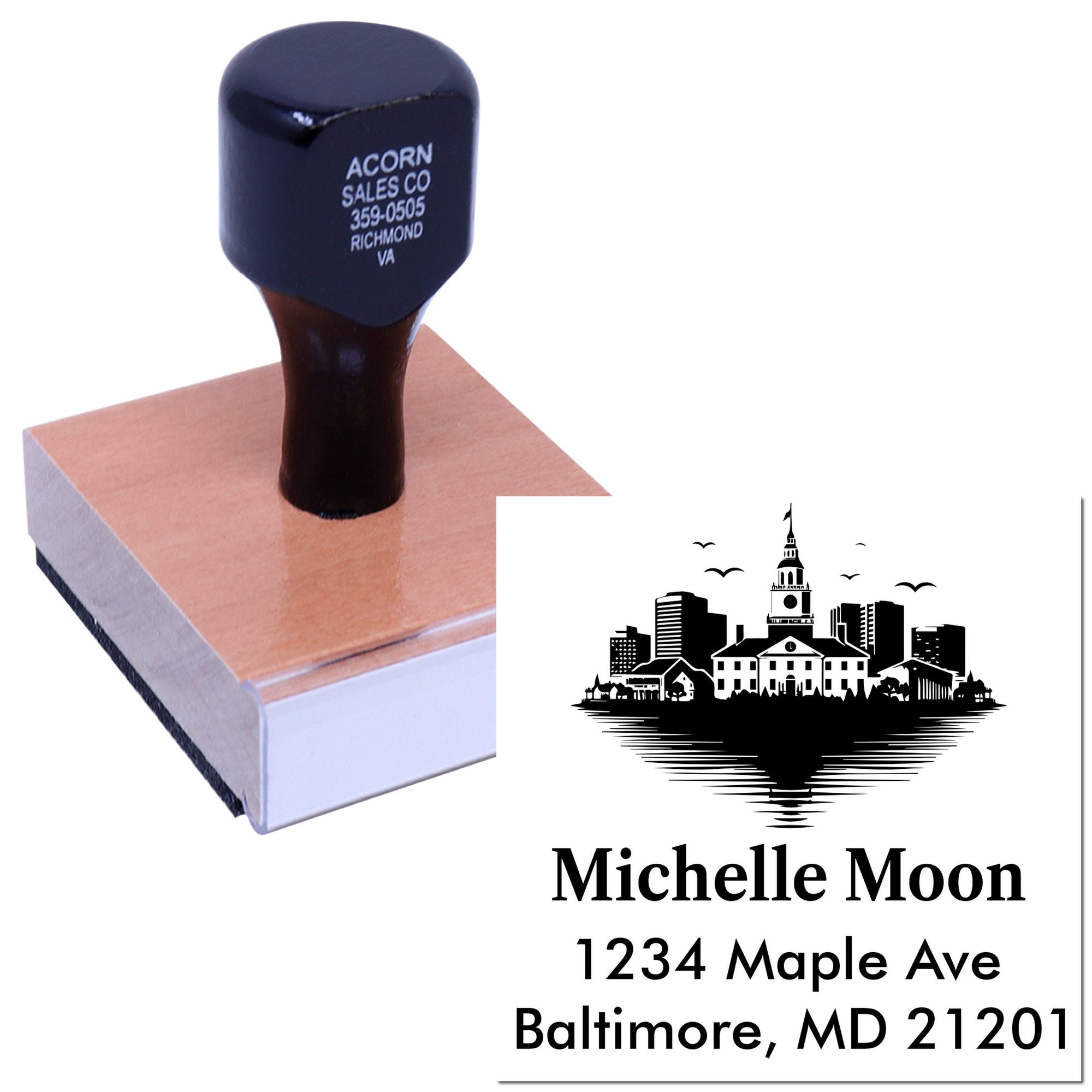 Custom rubber address stamp with skyline logo for business stationery and mailings