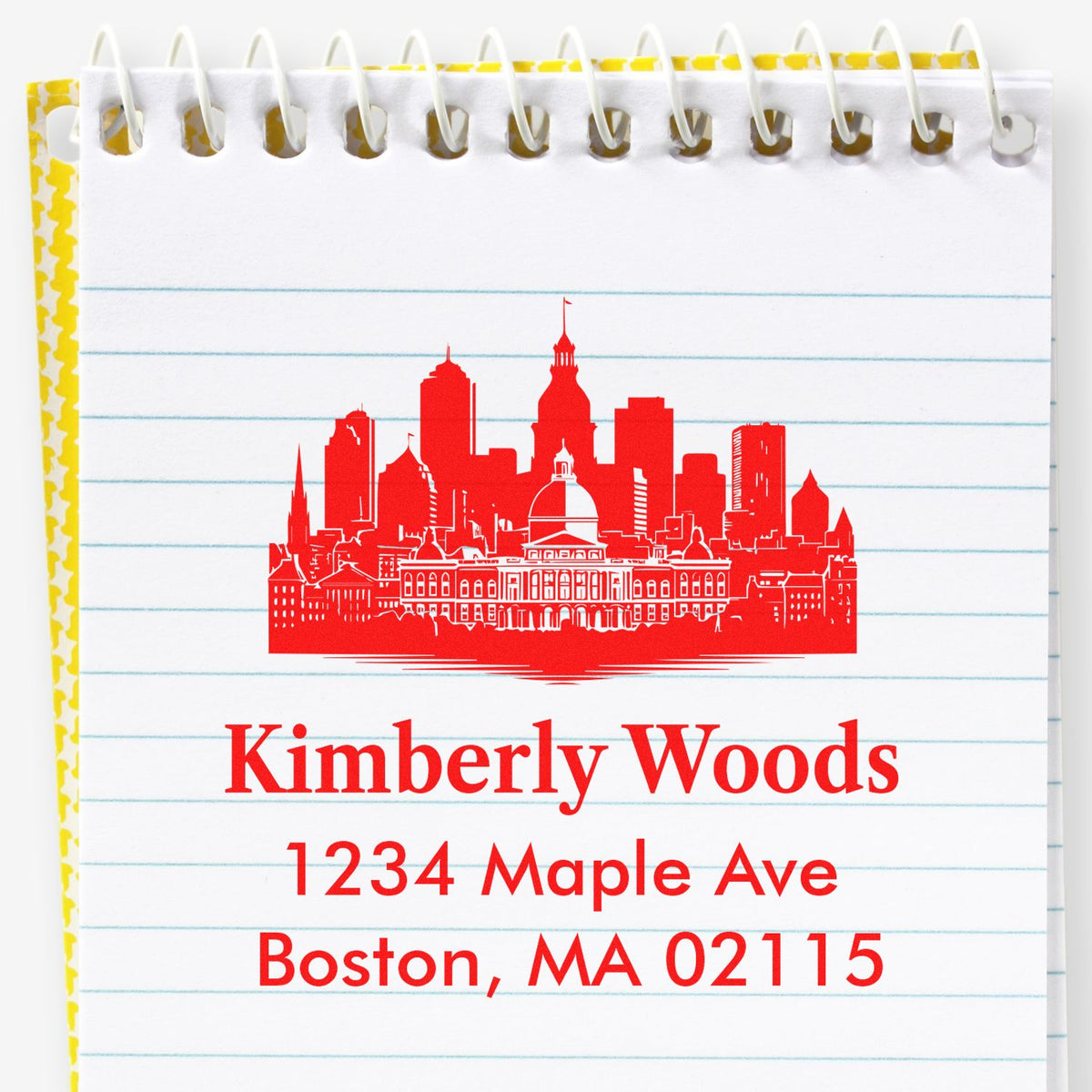 Custom return address rubber stamp with Boston skyline for Kimberly Woods, 1234 Maple Ave, Boston, MA 02115.