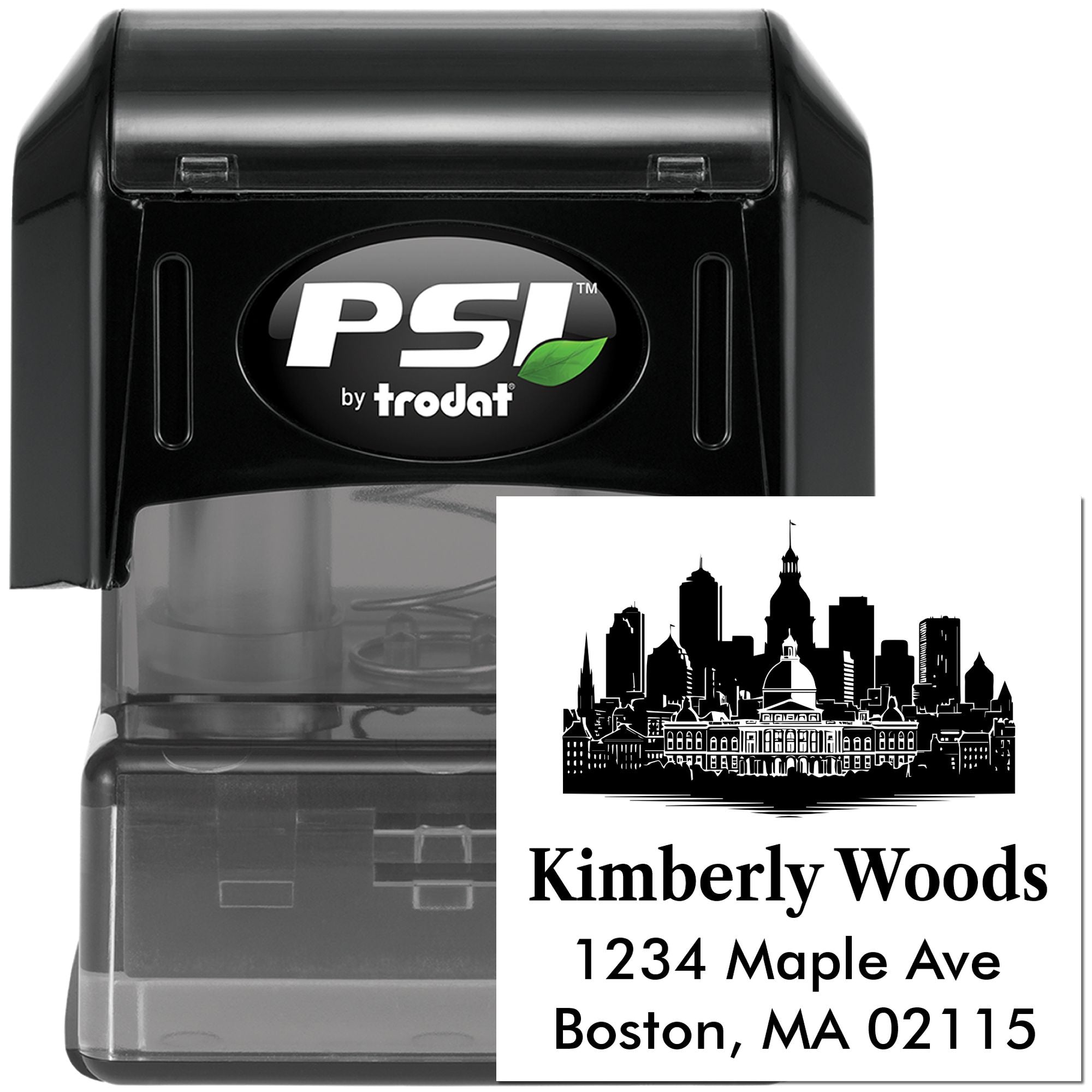 PSI by Trodat self-inking address stamp with Boston skyline for Kimberly Woods, 1234 Maple Ave, Boston, MA 02115.