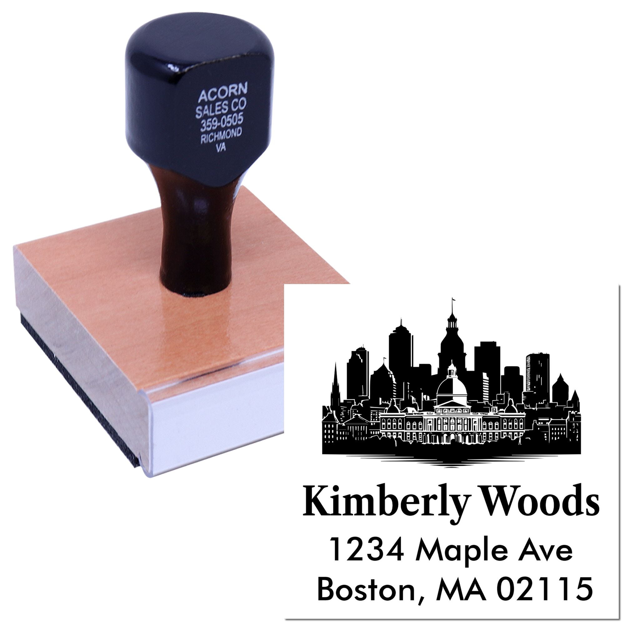 Custom rubber address stamp with skyline logo for business mailing, featuring name, street address, and city state ZIP.