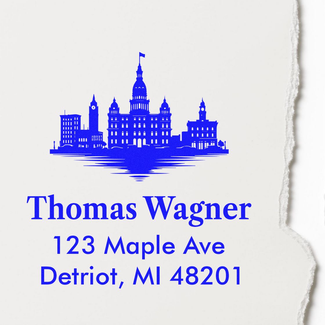 Custom address rubber stamp with Detroit skyline for Thomas Wagner, 123 Maple Ave, Detroit, MI 48201