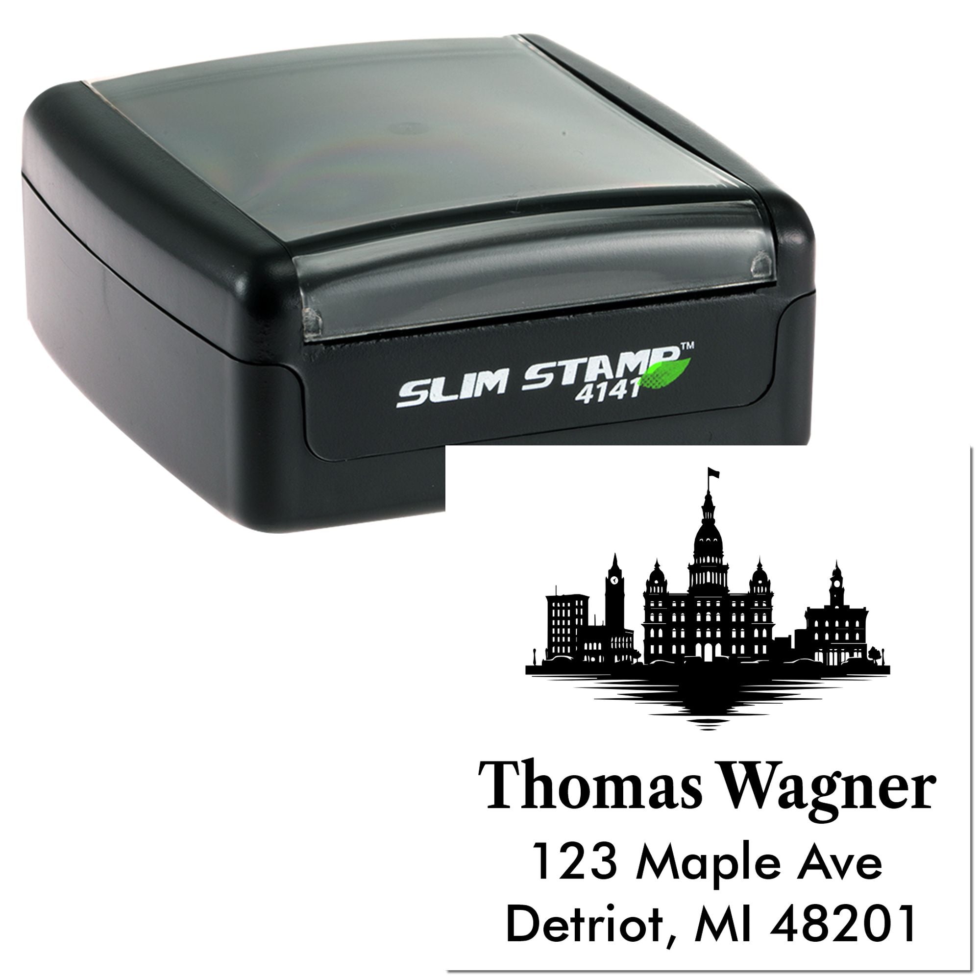 Custom self-inking rubber address stamp with skyline logo and Thomas Wagner return address