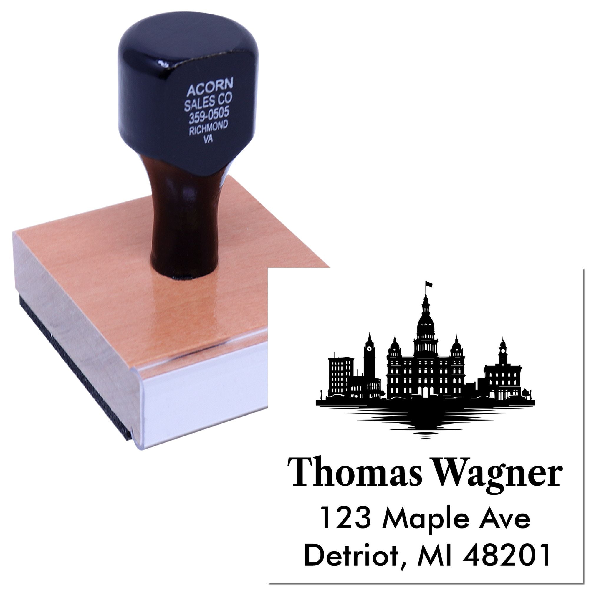 Personalized address rubber stamp with skyline logo for business or return mailing, shown with custom name and address imprint.
