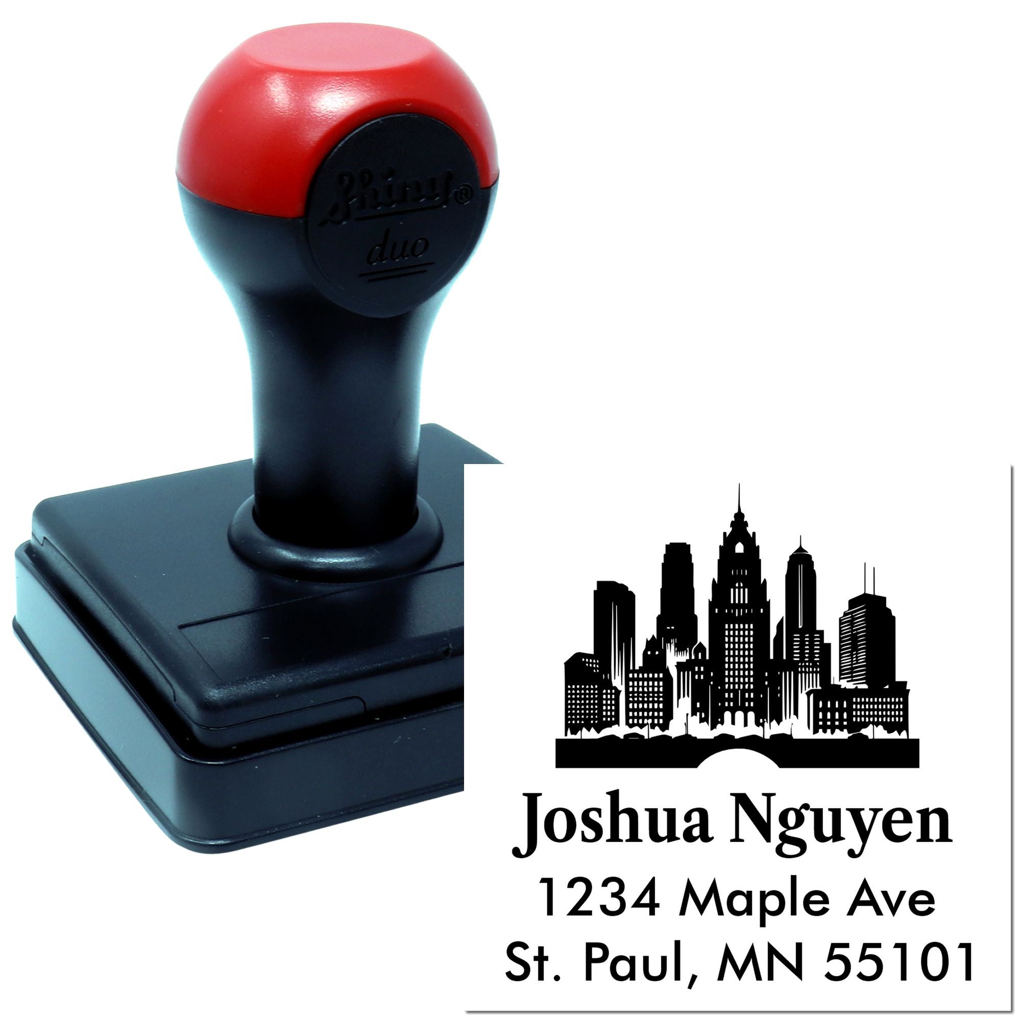 Custom personalized self-inking rubber stamp with city skyline return address design for envelopes, mailings, and business branding.