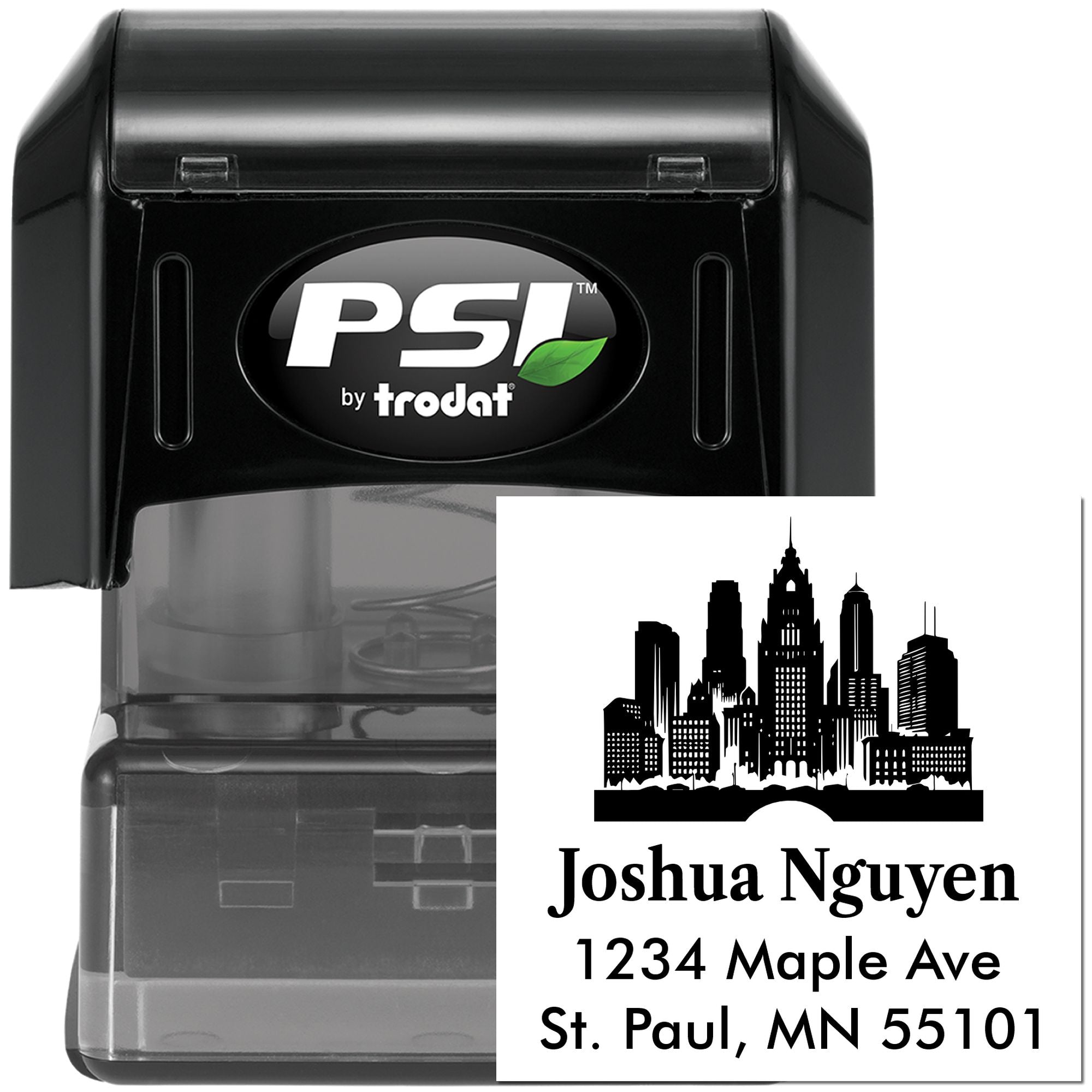 Custom self-inking address rubber stamp with skyline design for Joshua Nguyen, St. Paul, MN 55101