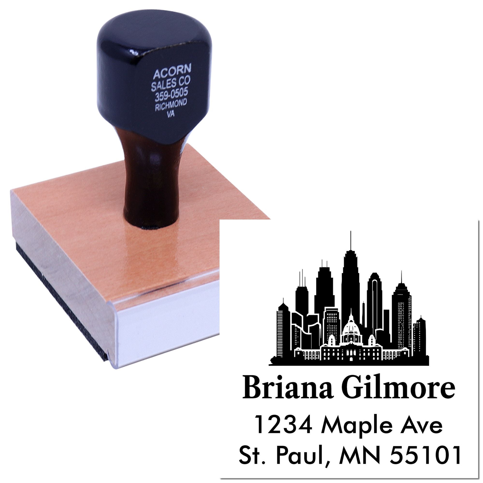 Custom self-inking address rubber stamp with skyline design for business mail, featuring name, street address, and city.