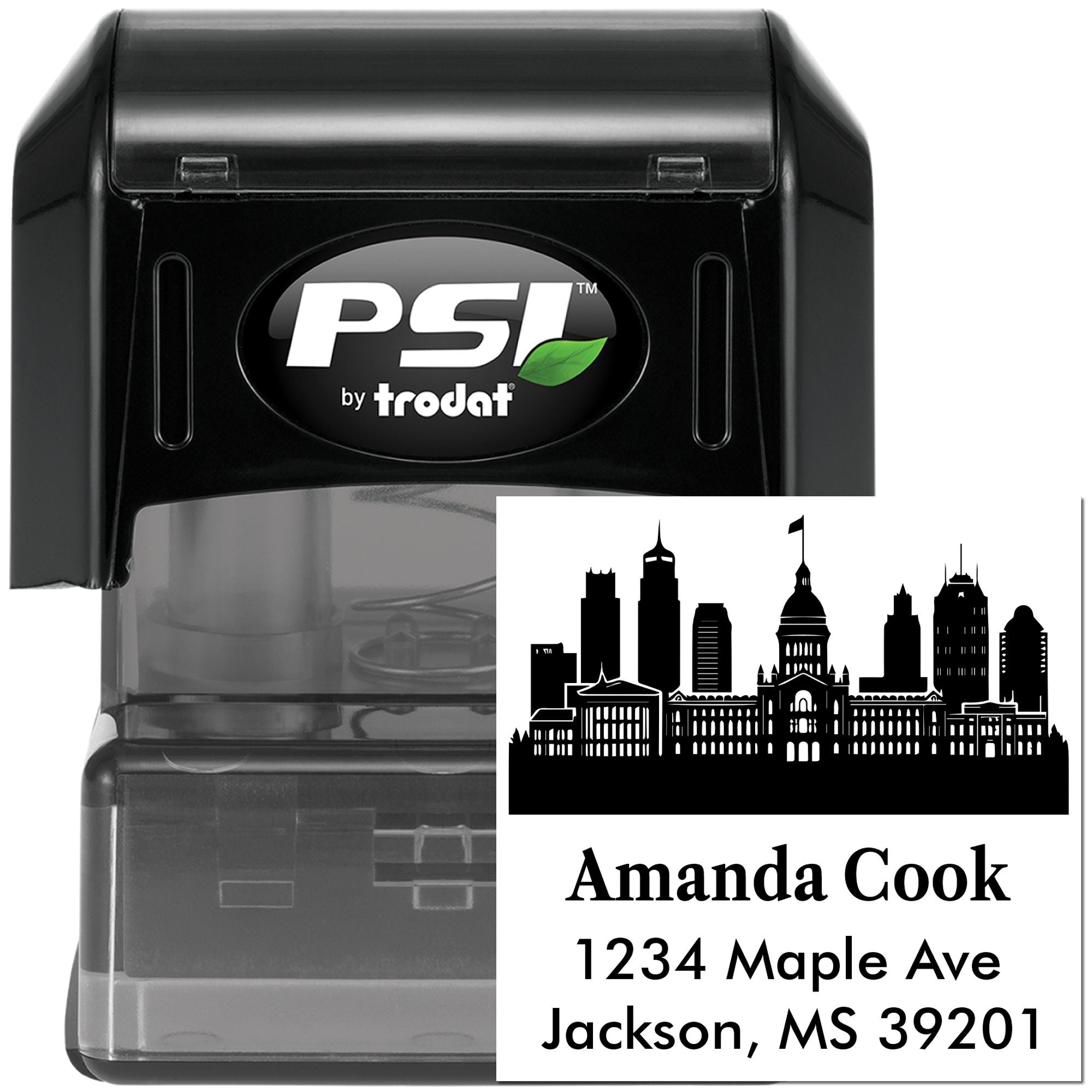 Custom self-inking rubber stamp by PSI Trodat, featuring a city skyline and personalized address for mailing and business use.