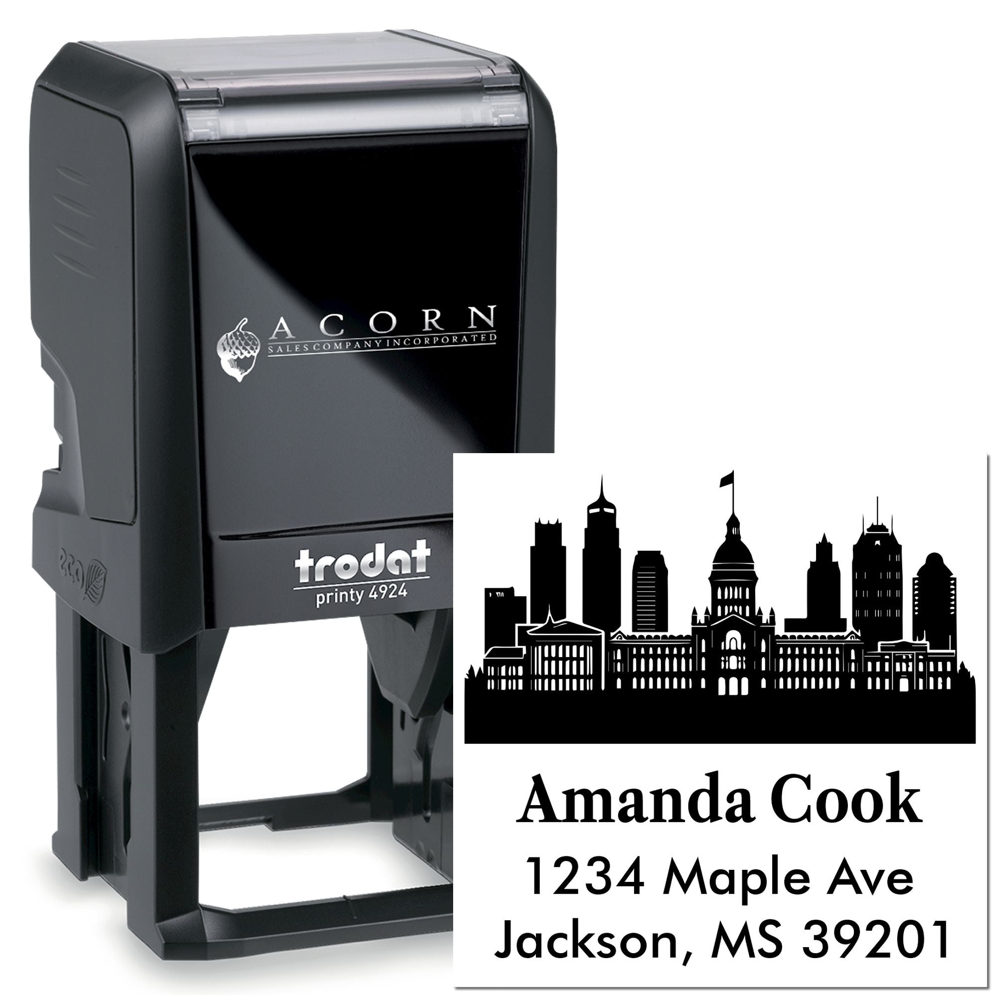 Custom self-inking rubber stamp with skyline logo and address for Amanda Cook, Jackson, MS 39201