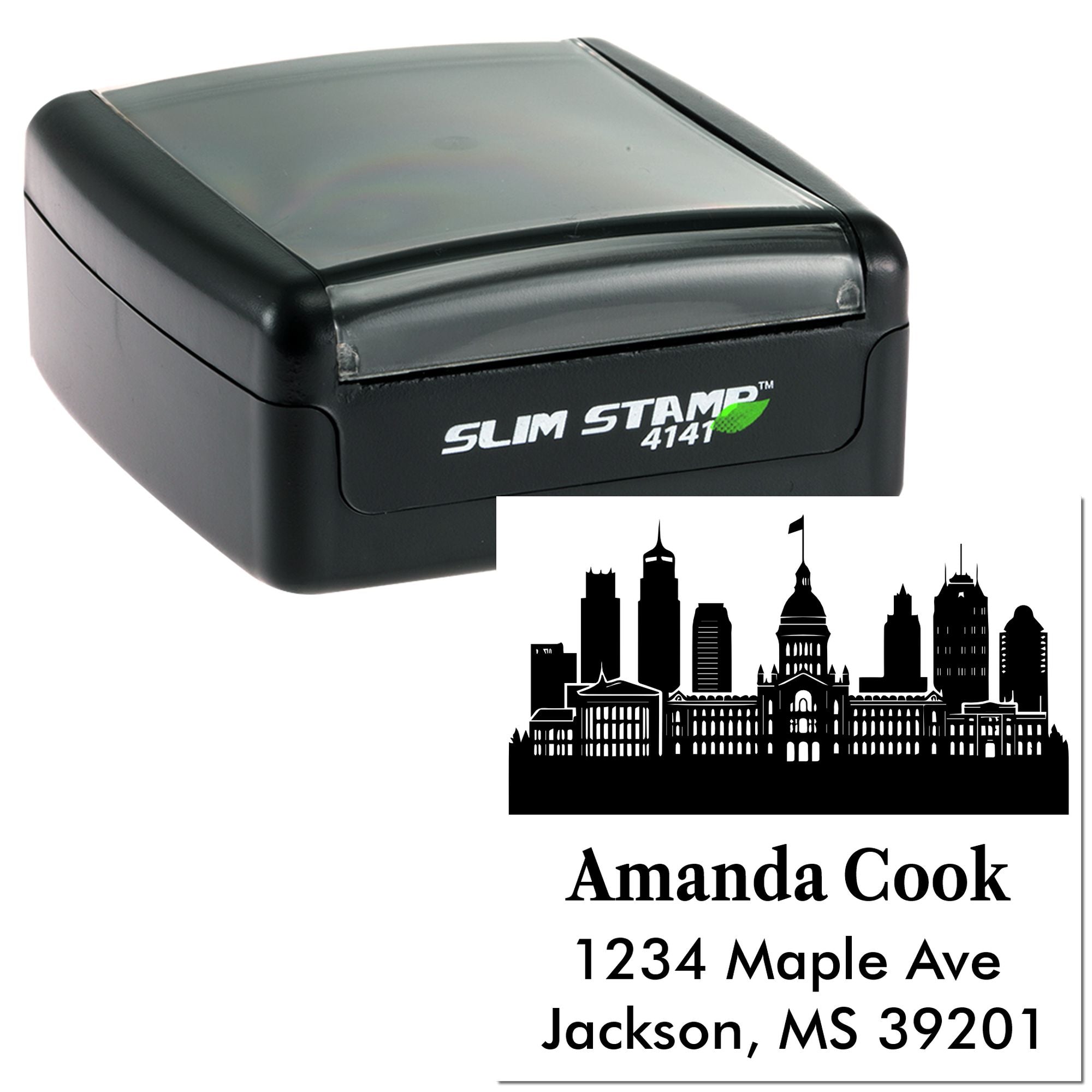 Custom self-inking address stamp with skyline design for personalized mailing and return addresses