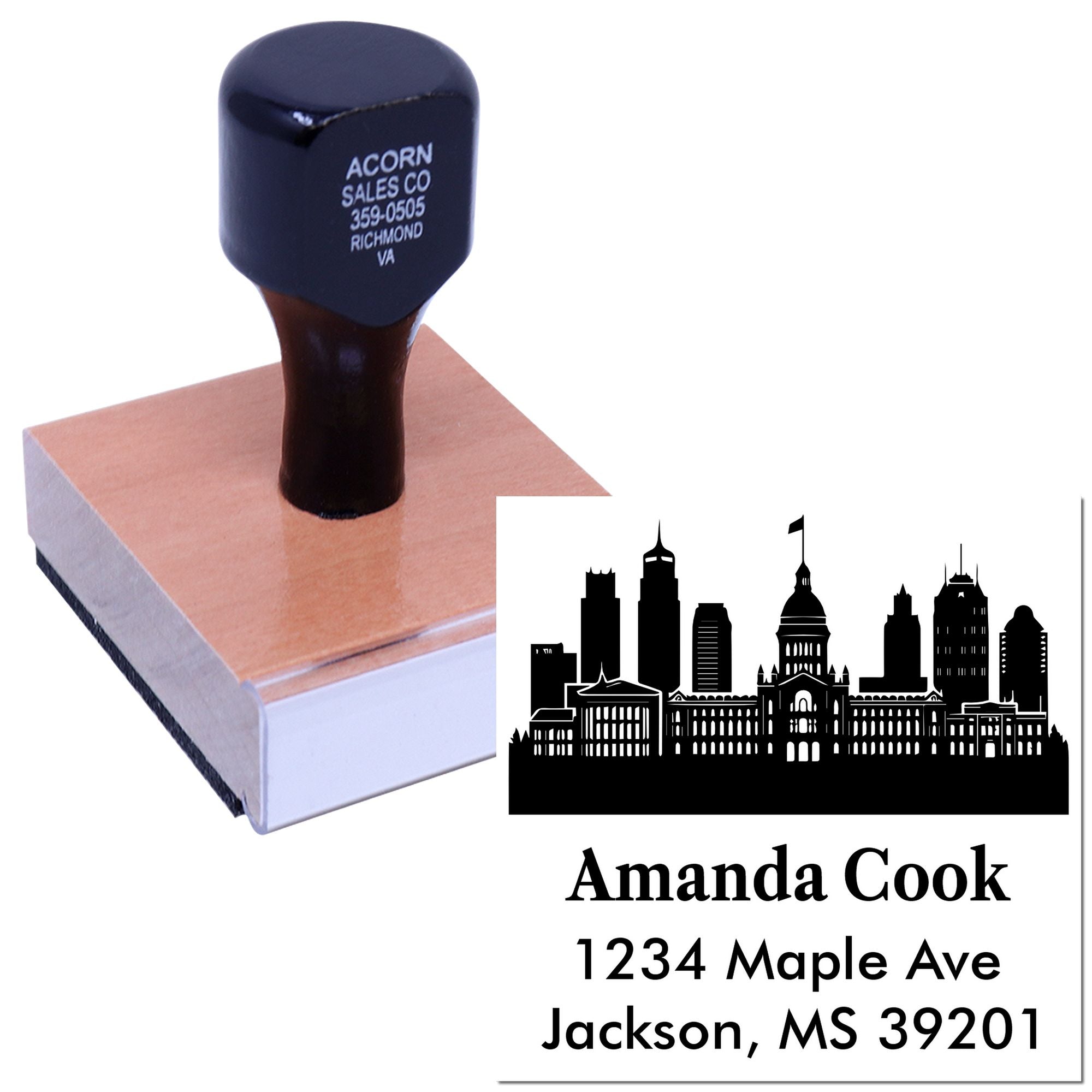 Self-inking custom rubber address stamp with skyline logo and business name for personalized mailing and branding