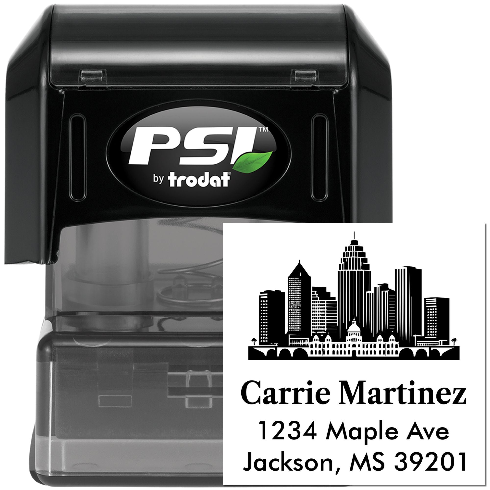 PSI by Trodat self-inking address stamp with custom city skyline return address for Carrie Martinez, Jackson, MS 39201