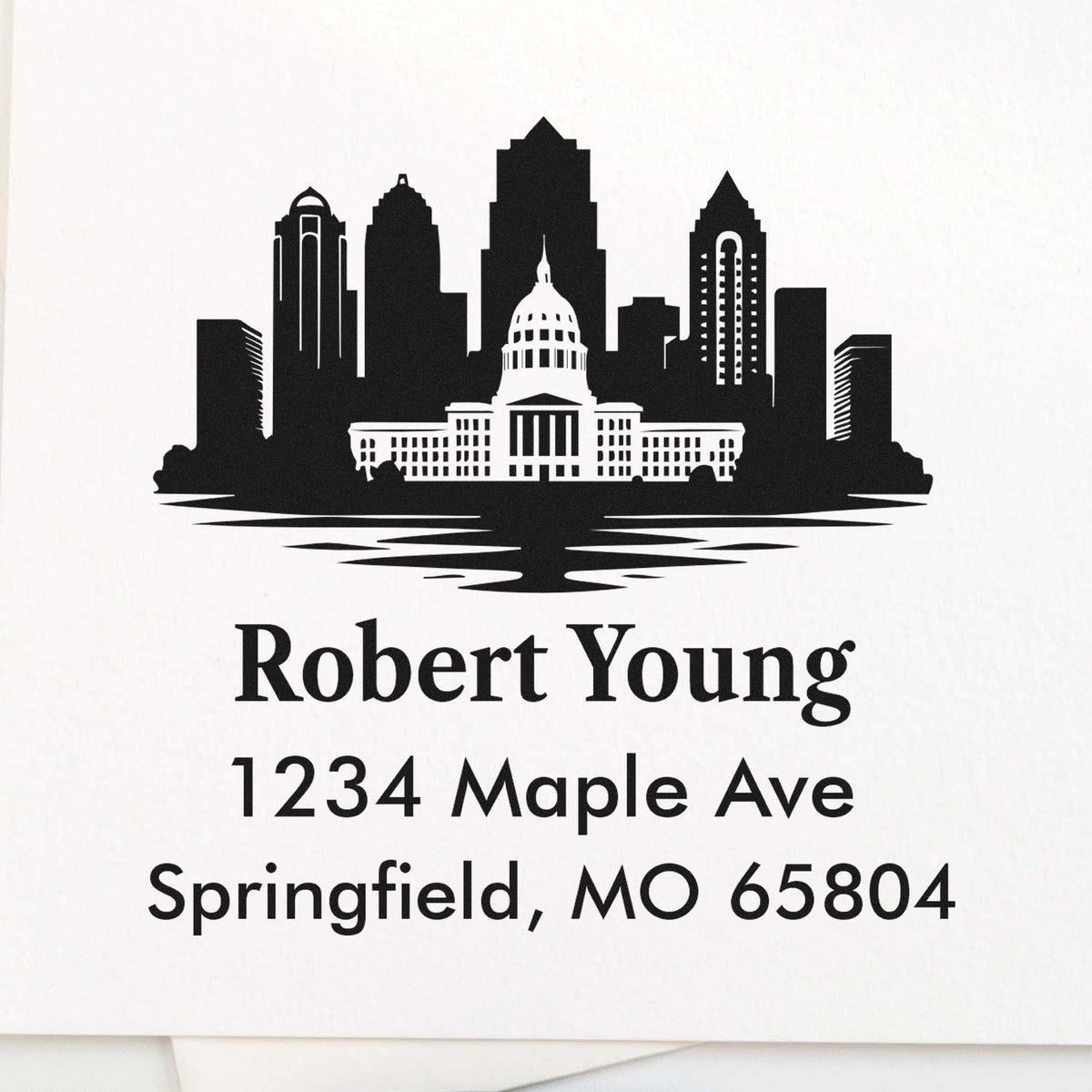 Custom return address rubber stamp for Robert Young, Springfield, MO 65804, featuring a city skyline and capitol design.