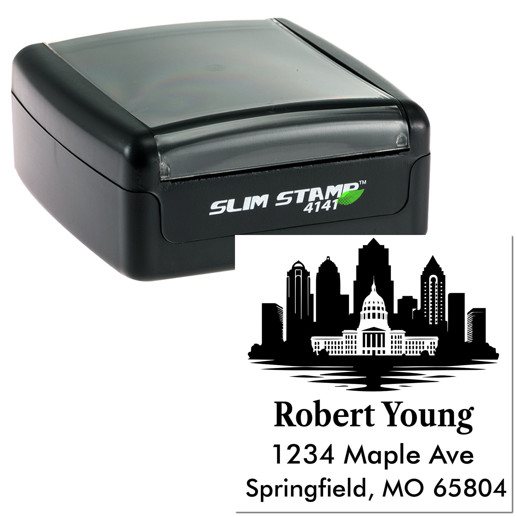 Custom self-inking rubber address stamp with skyline design for Robert Young, Springfield, MO