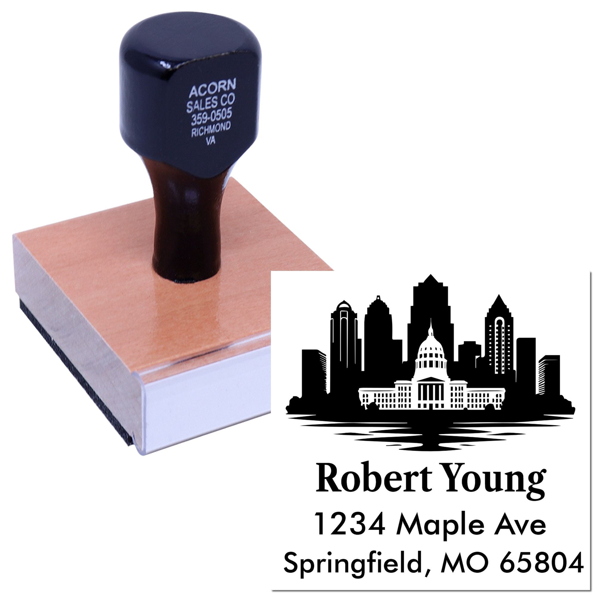 Custom rubber address stamp with city skyline logo for Robert Young, 1234 Maple Ave, Springfield, MO 65804