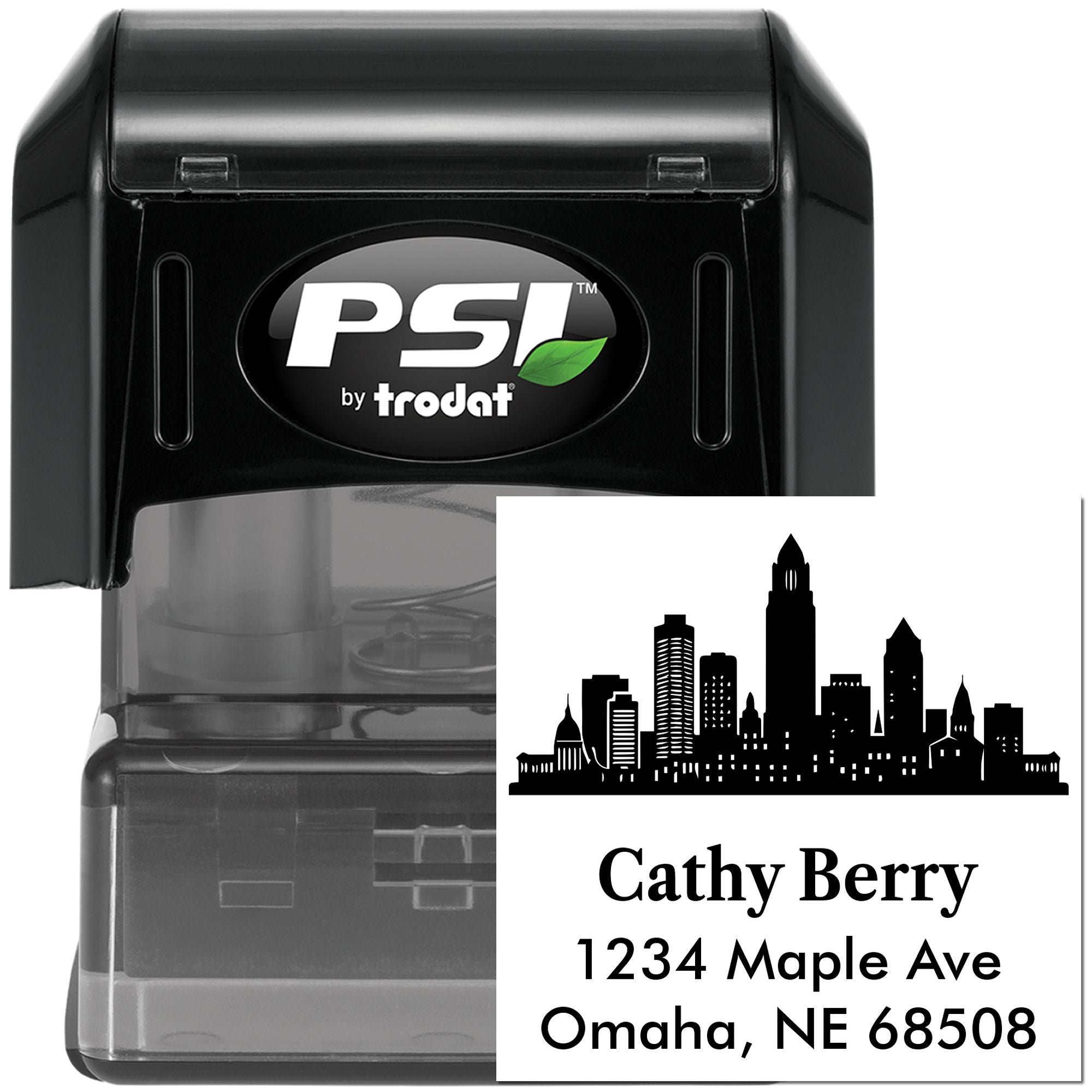 Personalized self-inking rubber address stamp with city skyline, Cathy Berry, and Omaha, NE 68508 for mailing labels.