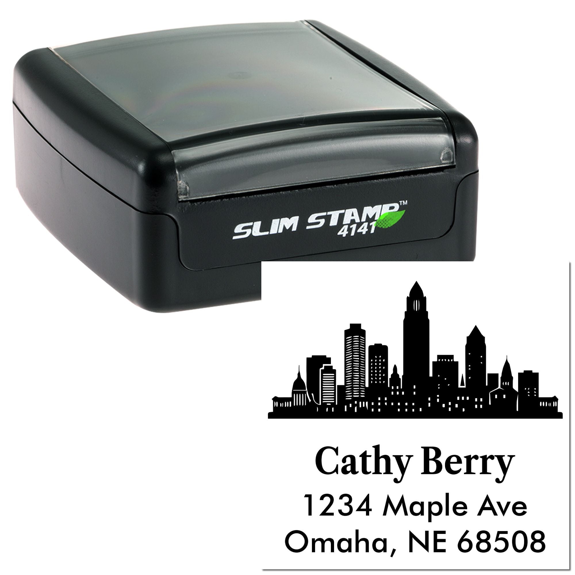 Custom self-inking rubber address stamp with skyline design for envelopes, mailing labels, and business correspondence.