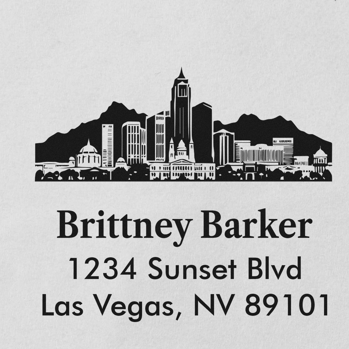 Custom rubber stamp with Las Vegas skyline, Brittney Barker name, and address: 1234 Sunset Blvd, Las Vegas, NV 89101.