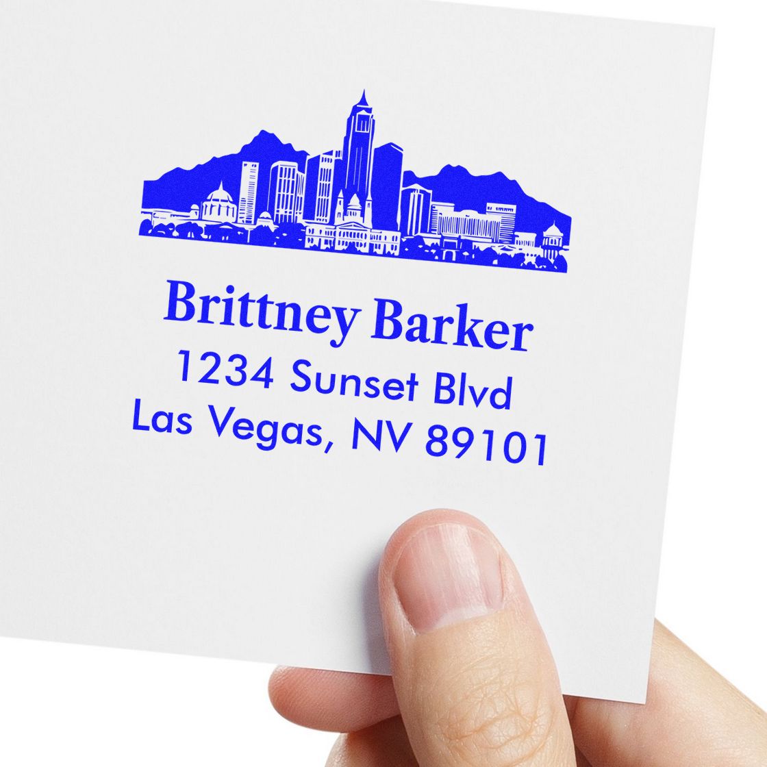 Personalized return address rubber stamp with Las Vegas skyline, name, and address for custom mailing and branding.