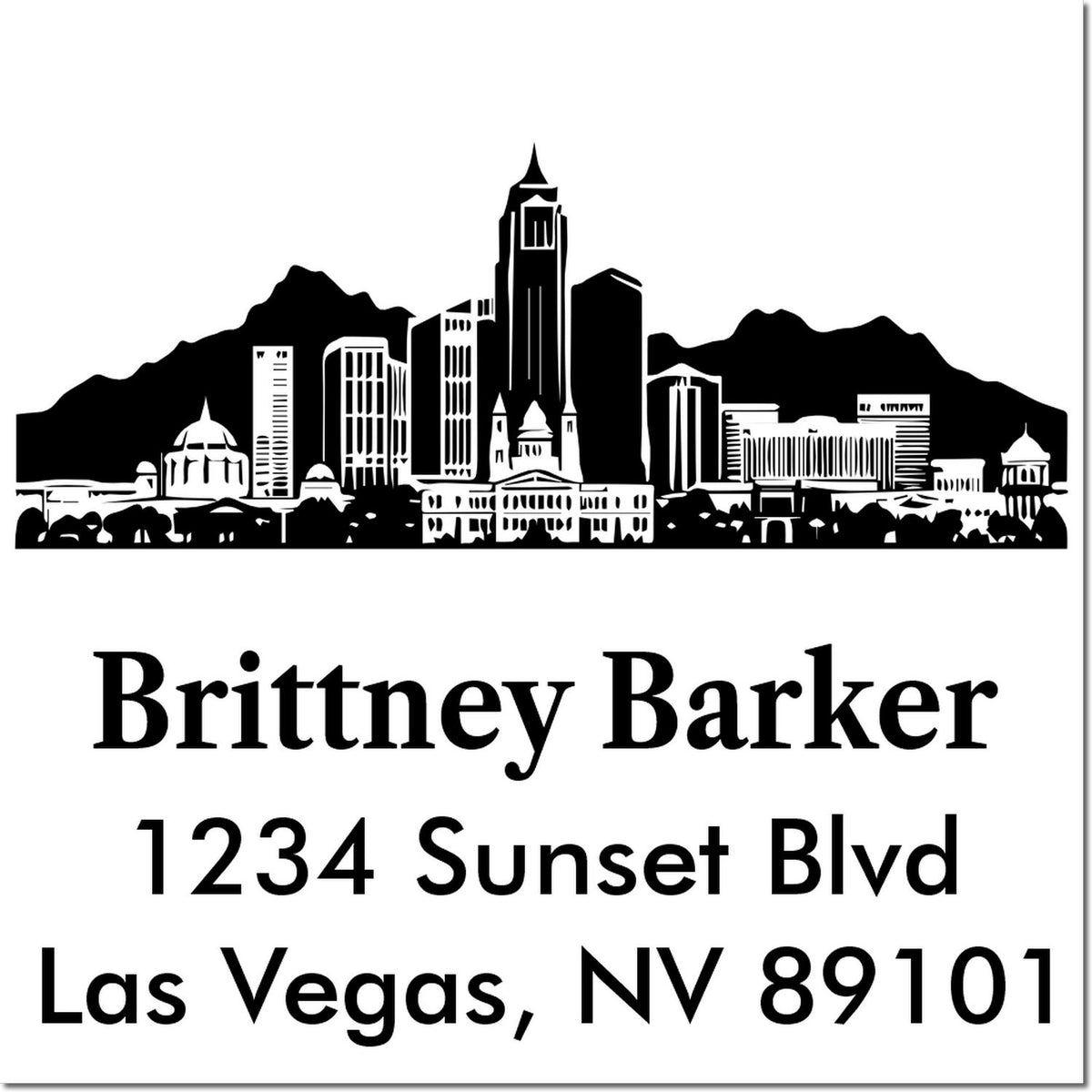 Custom Las Vegas return address rubber stamp with skyline silhouette, Brittney Barker, 1234 Sunset Blvd, Las Vegas, NV 89101.