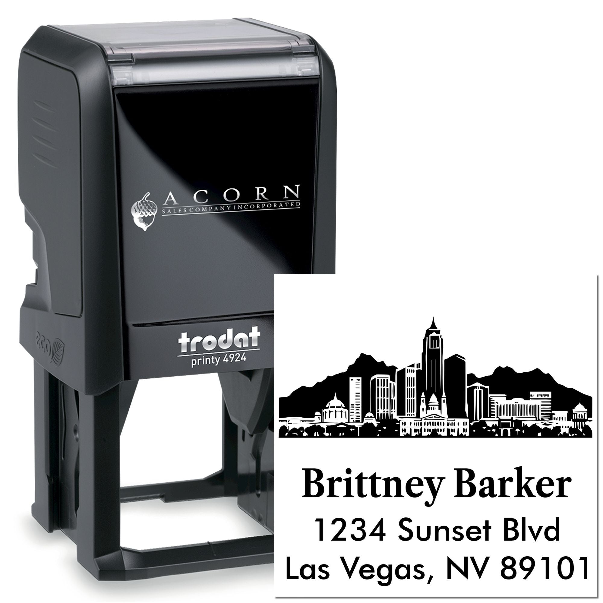 Custom self-inking rubber address stamp with Las Vegas skyline for Brittney Barker, 1234 Sunset Blvd, NV 89101