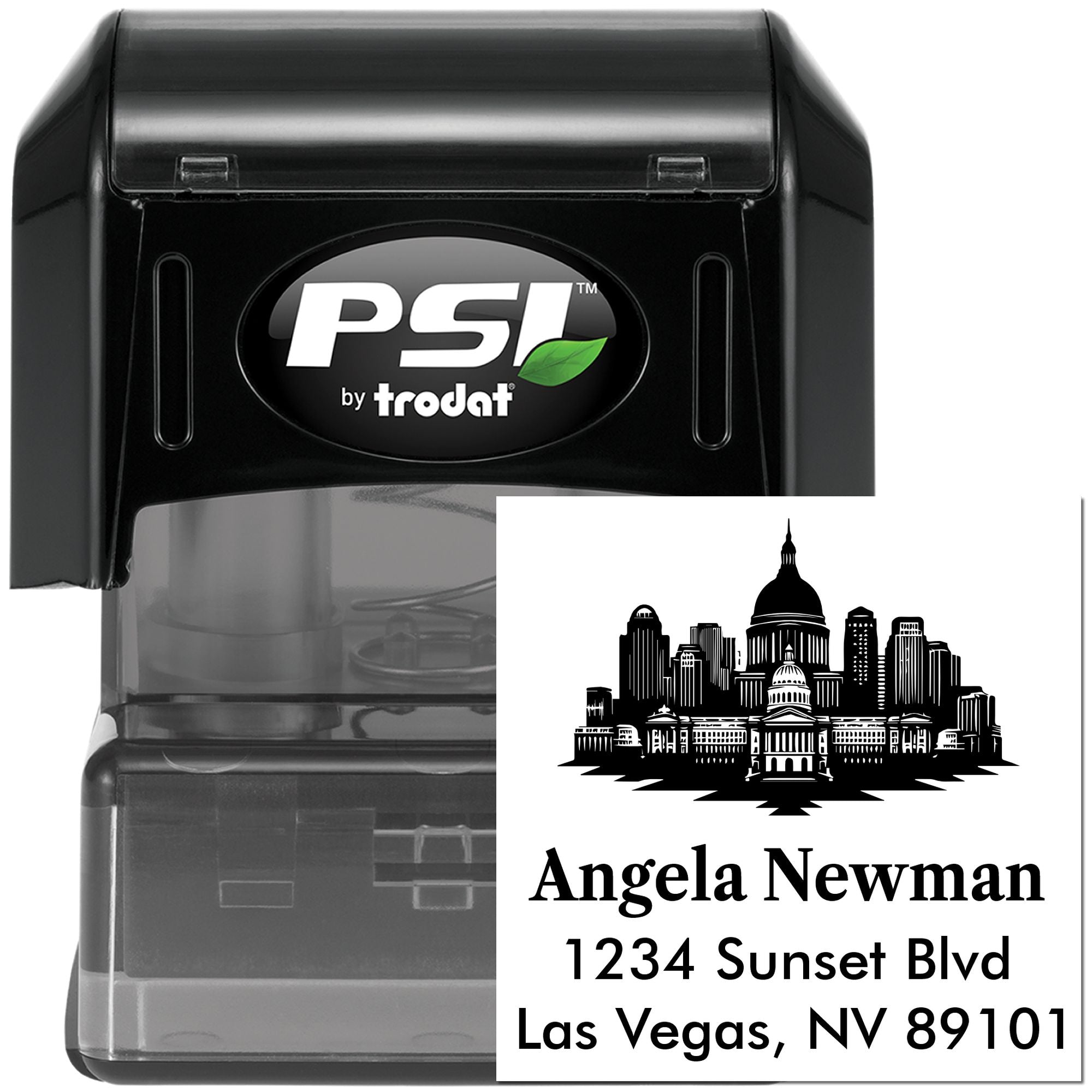 Custom self-inking return address rubber stamp with skyline design, Angela Newman, and Las Vegas address by PSI Trodat