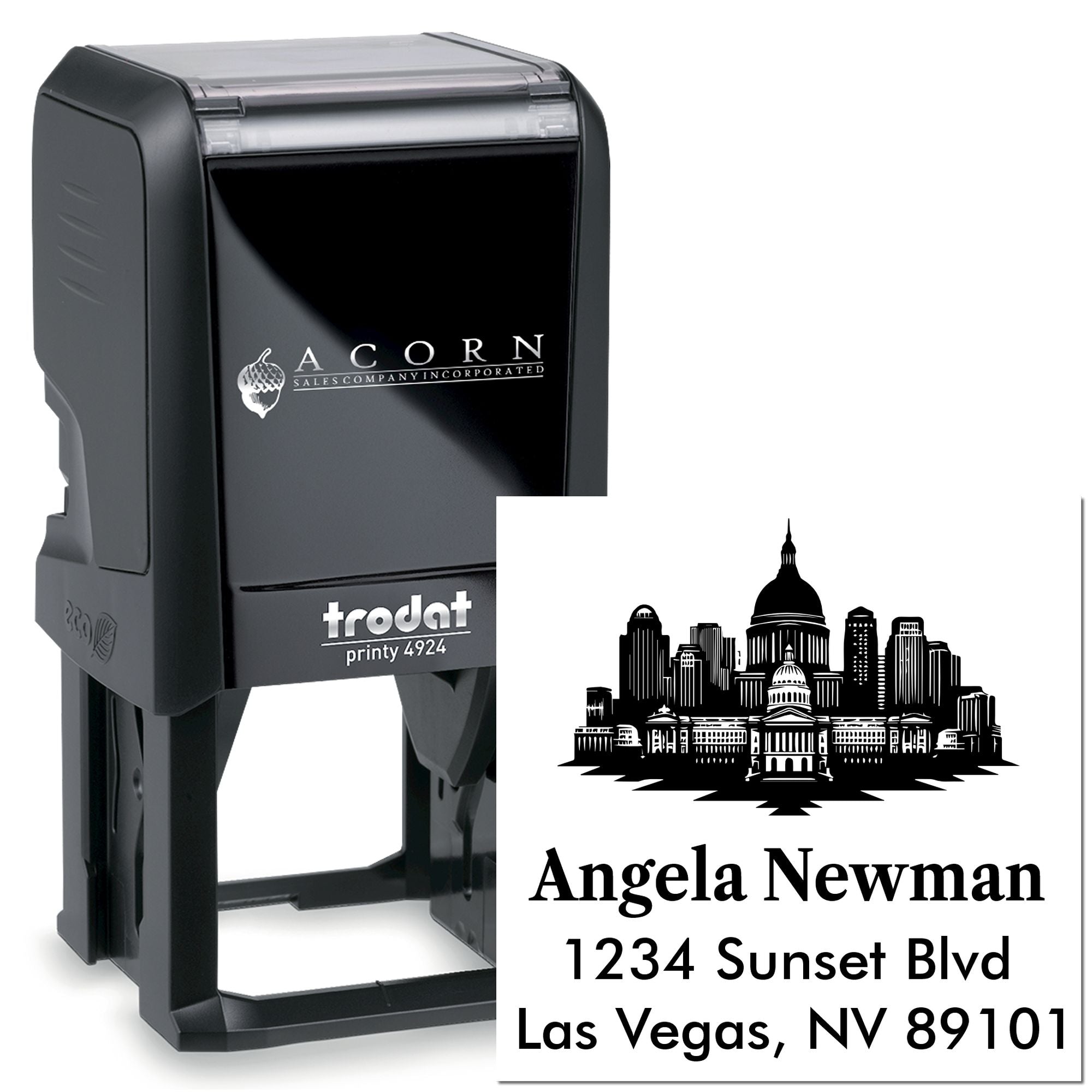 Custom self-inking rubber address stamp with city skyline design, featuring Trodat Printy 4924 personalized return address imprint.