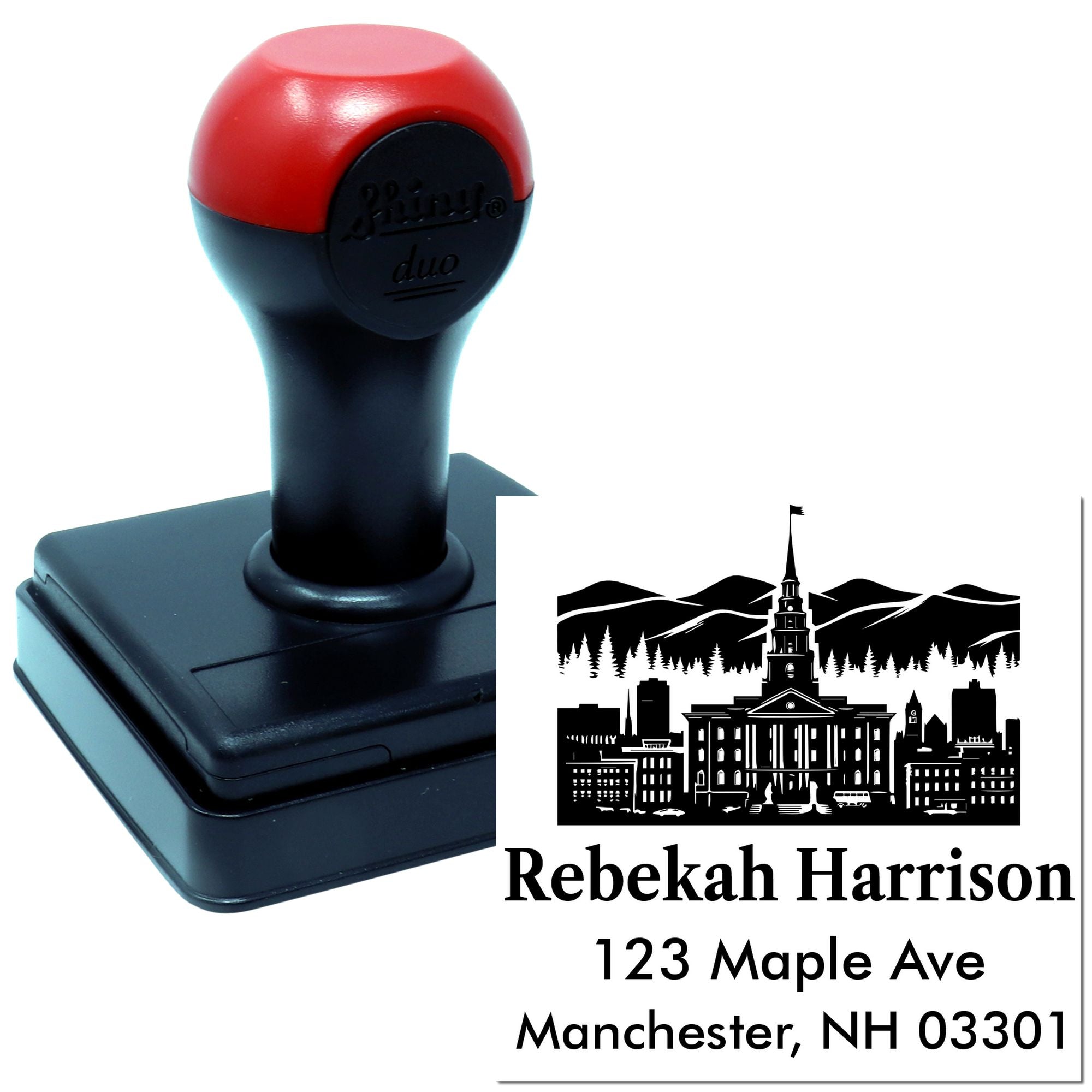 Custom self-inking rubber stamp with Manchester NH return address and skyline design for personalized mail.
