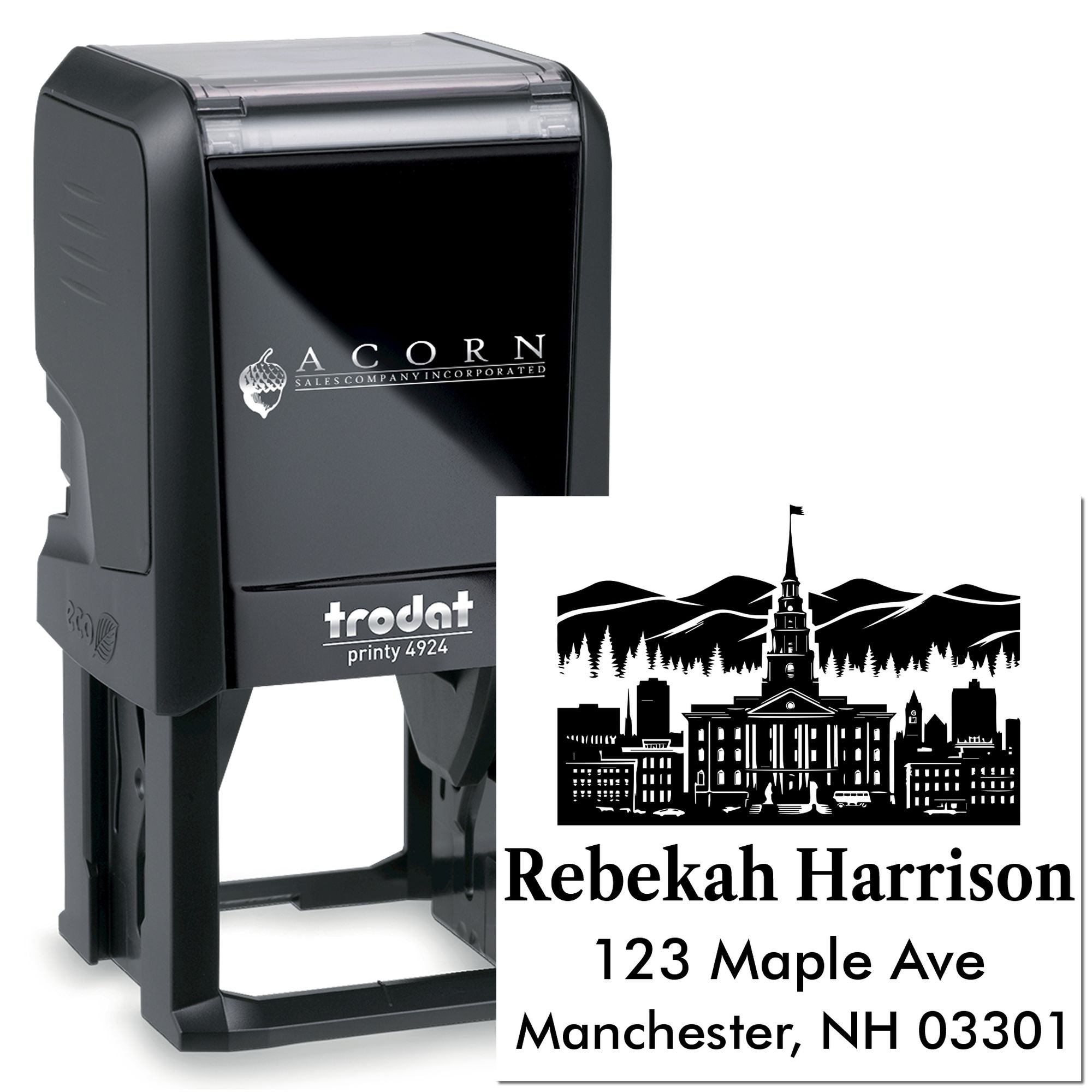Custom Trodat self-inking rubber address stamp with skyline logo, name, and mailing address for business branding.