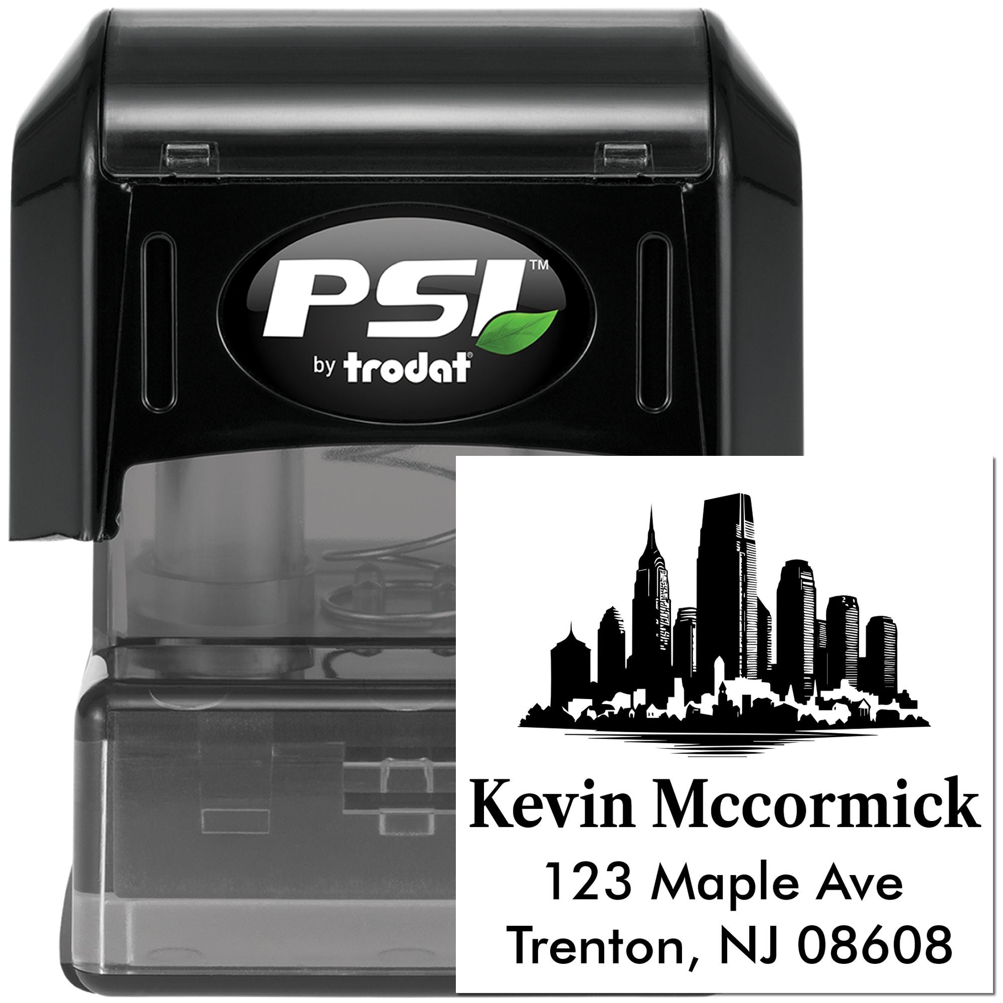 PSI by Trodat custom self-inking rubber stamp with skyline address design for personalized return mail.
