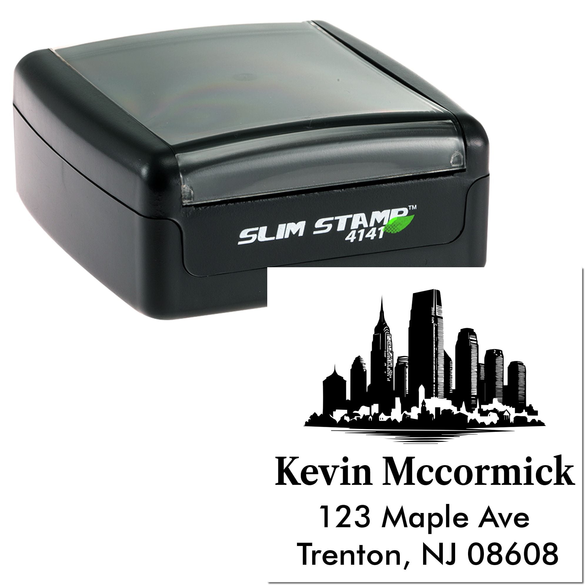 Custom self-inking rubber return address stamp with skyline design, Kevin Mccormick name, and Trenton, NJ address.