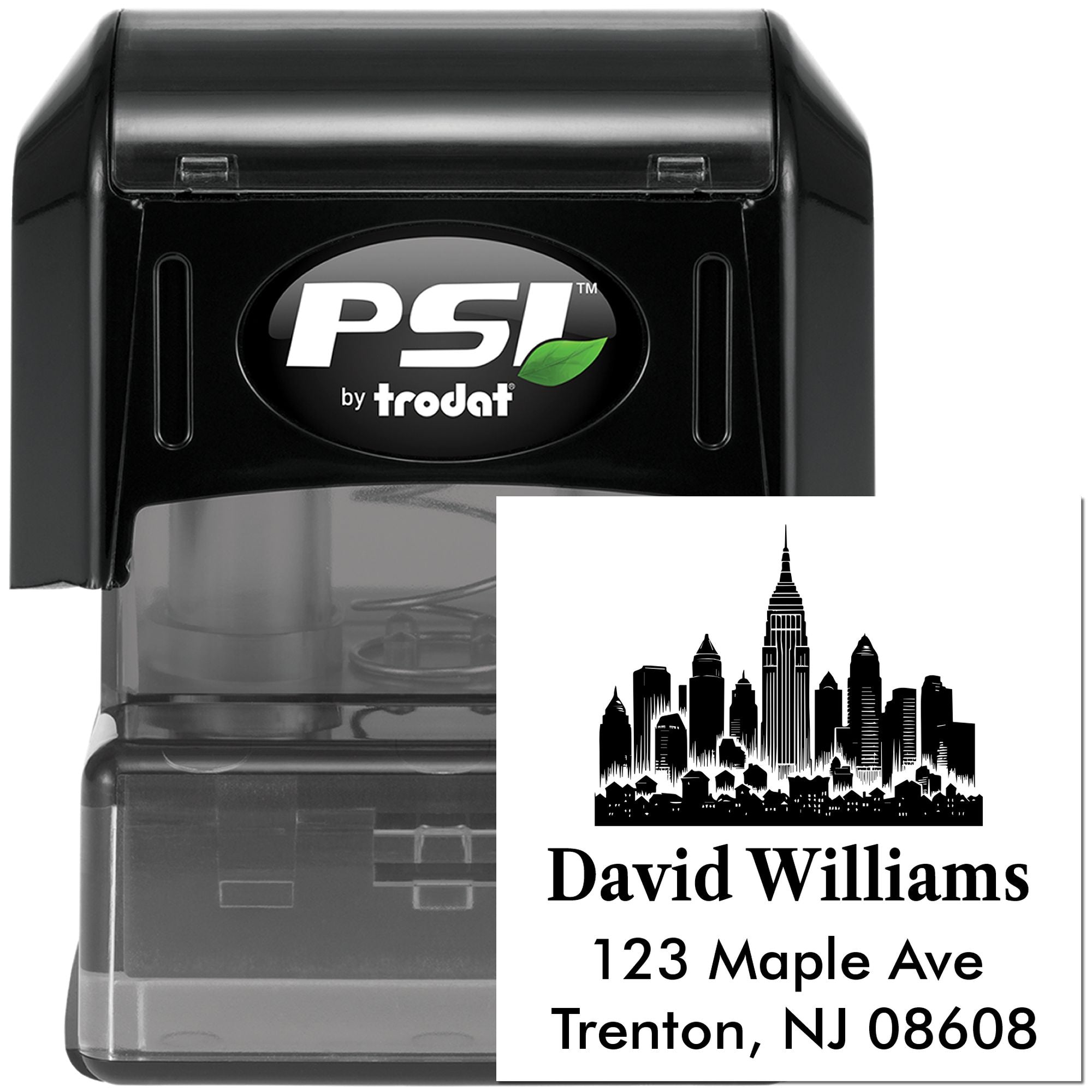 Custom self-inking rubber stamp with skyline address design for David Williams, 123 Maple Ave, Trenton, NJ 08608.