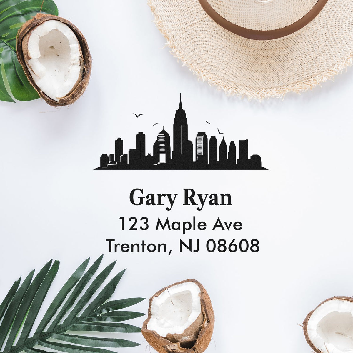 Custom return address rubber stamp with skyline design for personalized mailing labels, featuring name and Trenton, NJ address.
