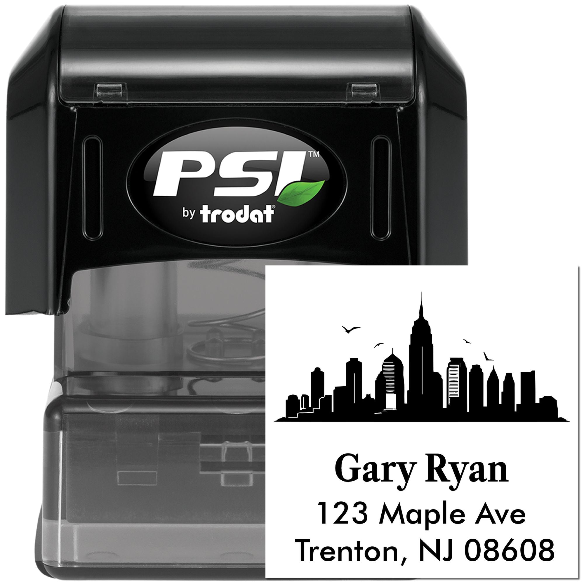 Custom self-inking address rubber stamp with skyline design, featuring Gary Ryan, 123 Maple Ave, Trenton, NJ 08608.