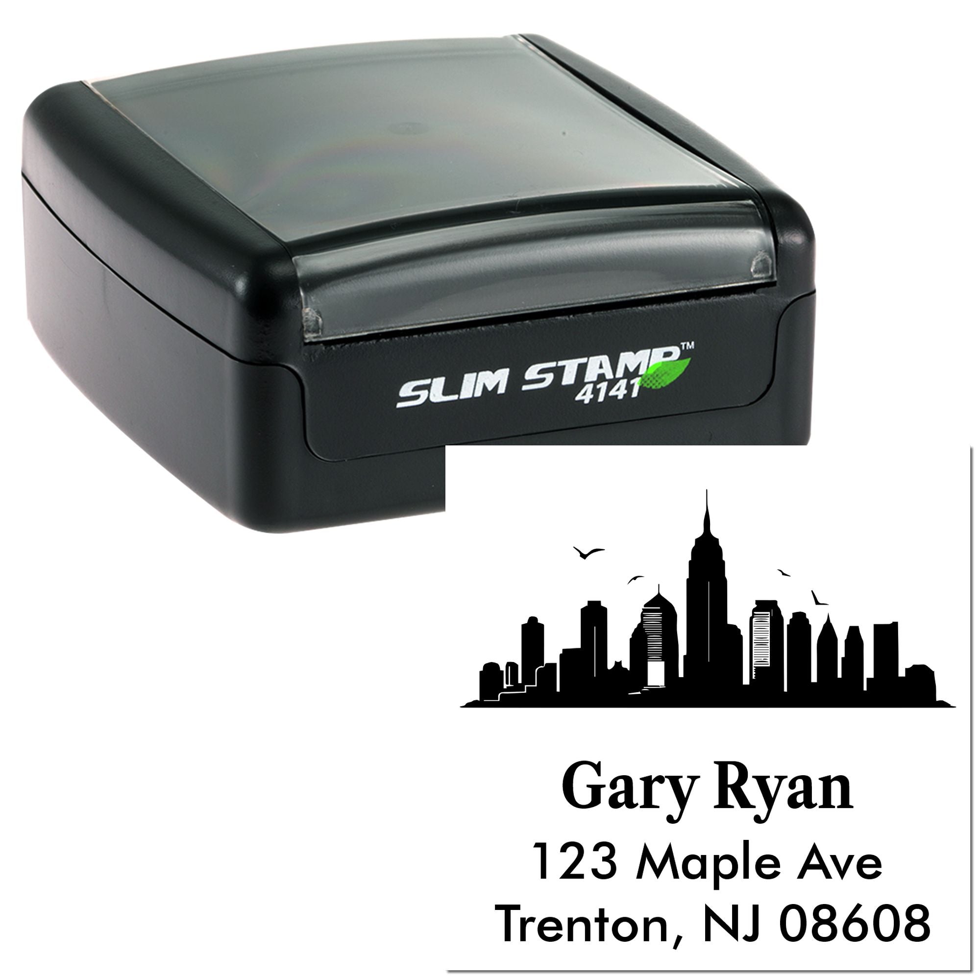 Custom self-inking rubber address stamp with skyline design for personalized return address labels and envelopes.