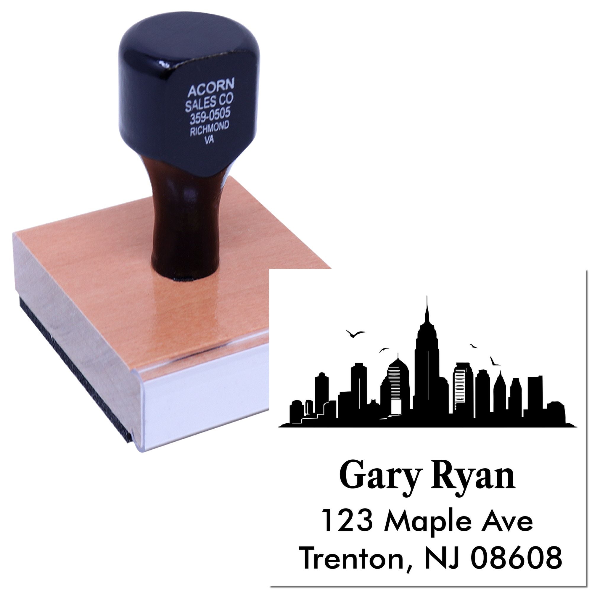 Custom rubber address stamp with city skyline logo for business branding and mailing, featuring Gary Ryan, Trenton, NJ 08608.