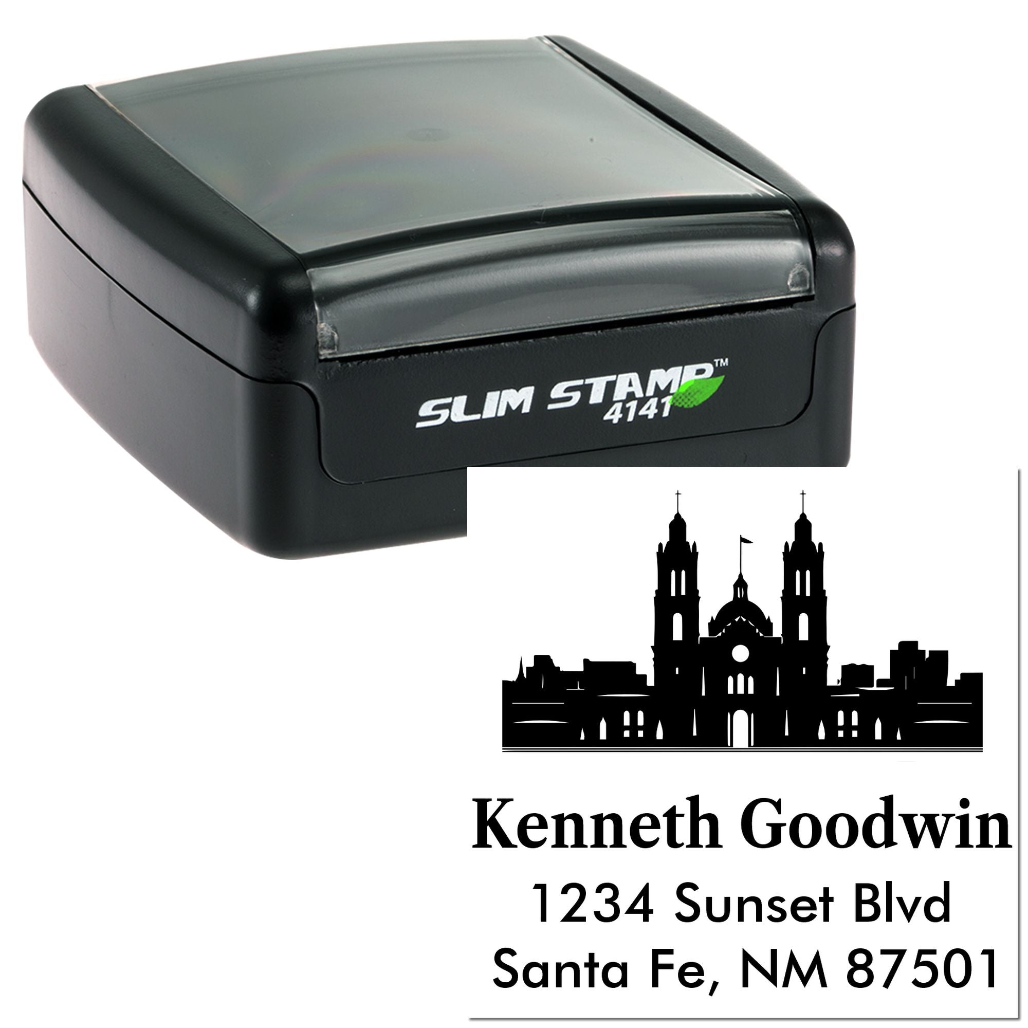 Slim Stamp 4141 self-inking custom address rubber stamp with cathedral logo and Kenneth Goodwin Santa Fe, NM return address