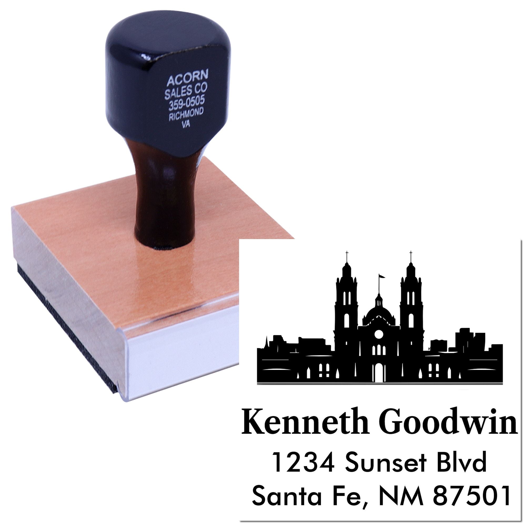 Custom rubber address stamp with church logo and return address for Kenneth Goodwin, Santa Fe, NM.