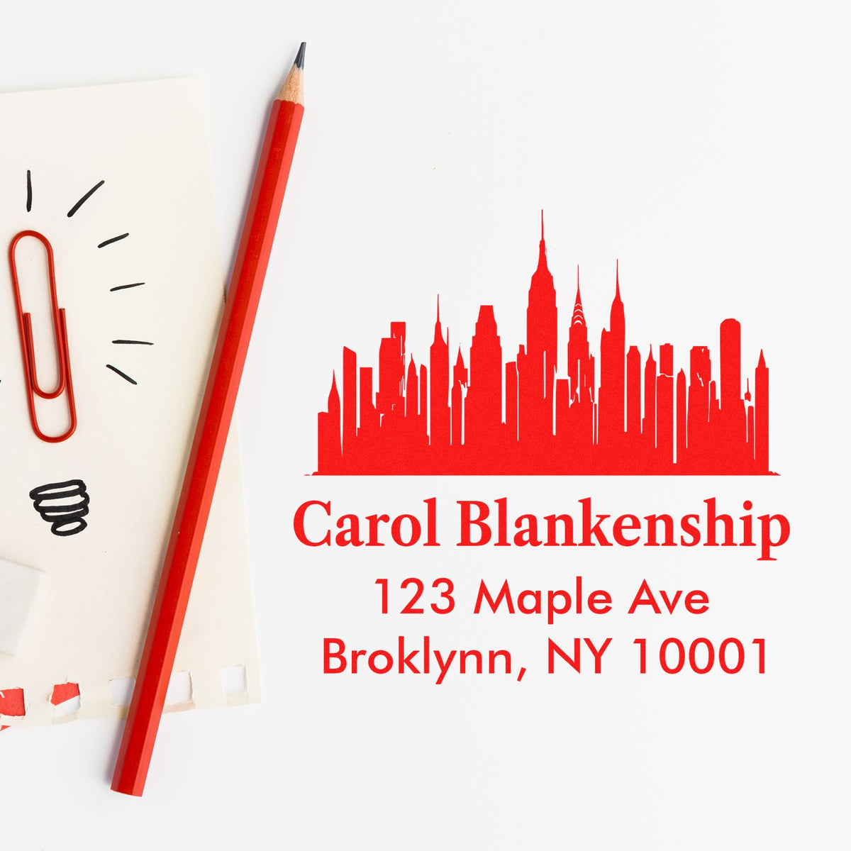 Custom return address rubber stamp with New York skyline, Carol Blankenship, 123 Maple Ave, Brooklyn, NY 10001